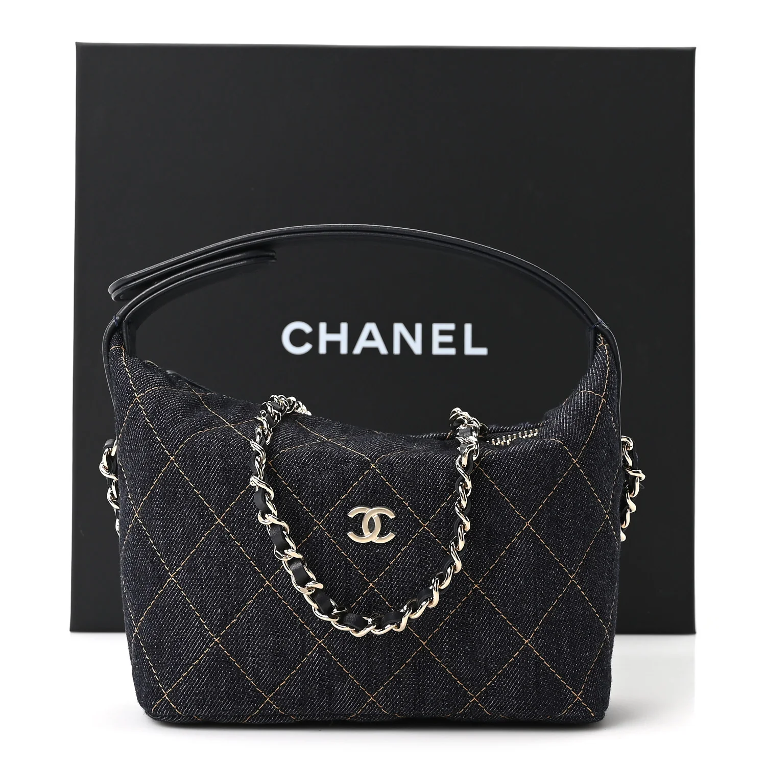Denim Quilted Hobo Clutch With Chain Dark Blue Orange - Top Club