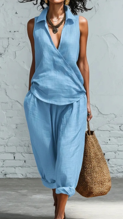 Women's Simple Lapel Shirt and Wide-Leg Pants Linen Two-Piece Set - Nordfashionstorm - Women's Clothing, Fashion for You - Nordfashionstorm.com