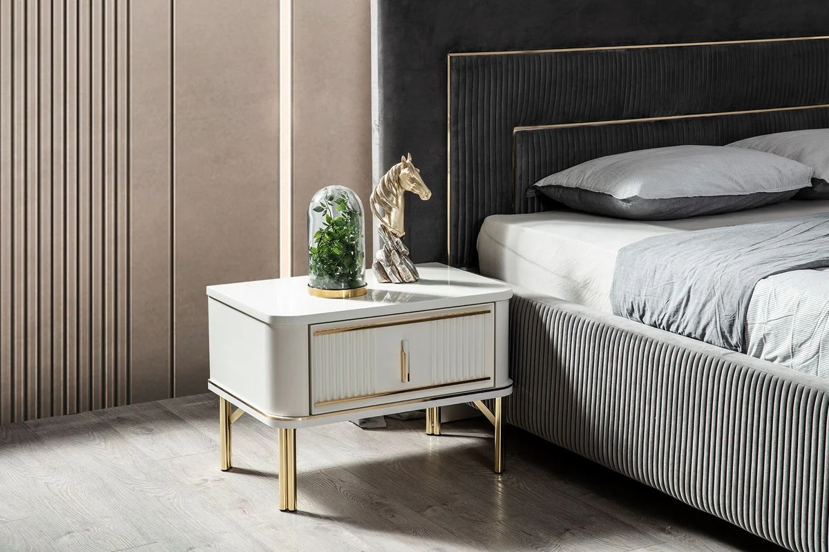 Luxury Bedroom Set Gray / White / Gold - 1 double bed with headboard & 2 bedside tables - Bedroom Furniture - Luxury Collection