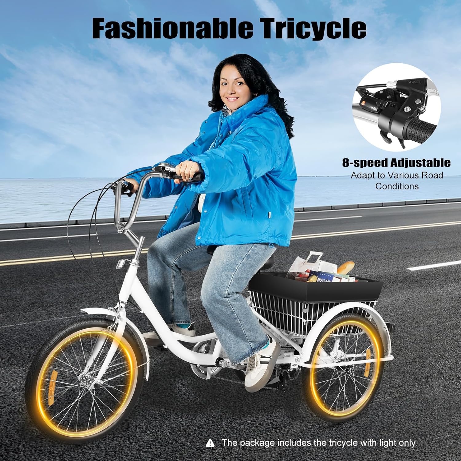 Triciclo da 20 pollici per adulti, 3 ruote, 8 velocità, bicicletta a 3 ruote con cestino portaoggetti, bicicletta cargo per adulti, anziani e donne, altezza regolabile (bianco)