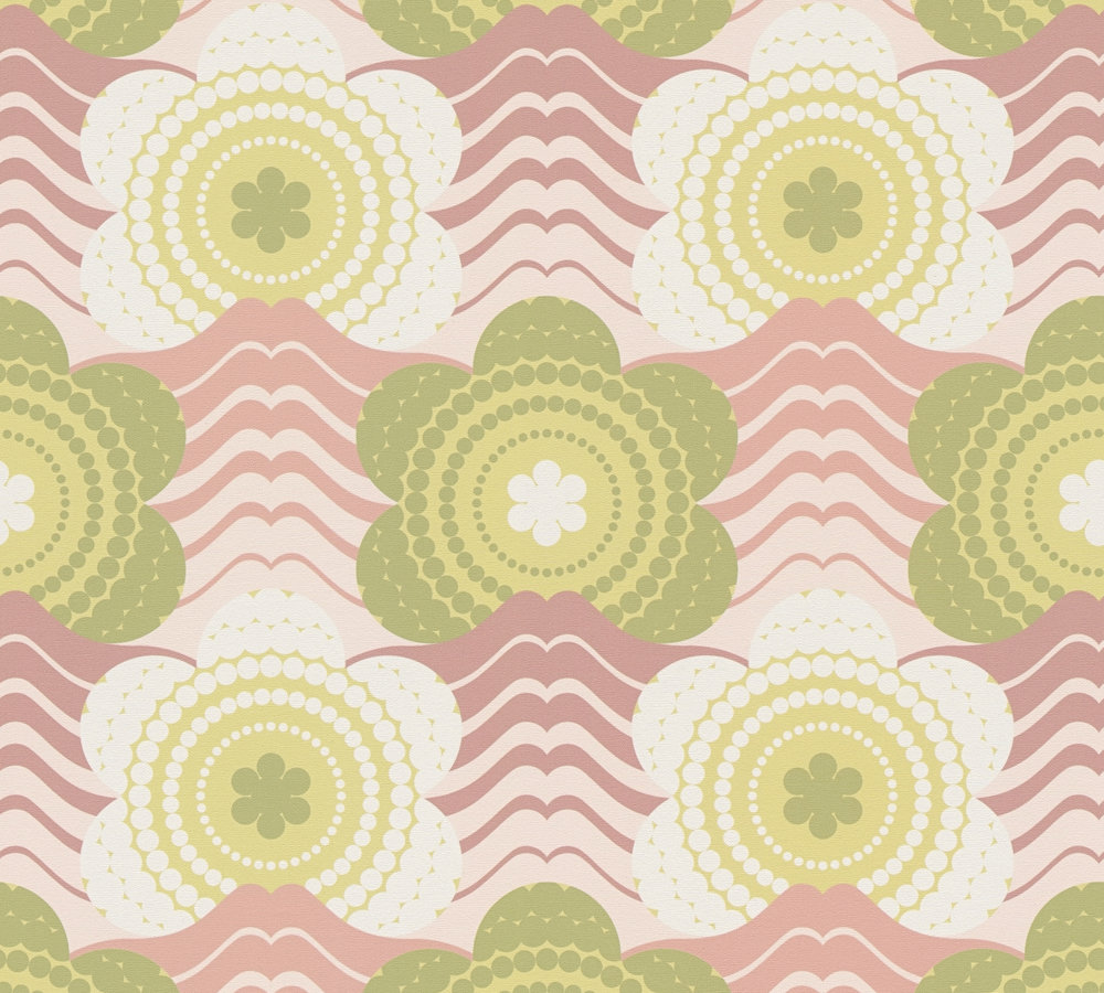 Retro bloemmotief op licht gestructureerd behang – roze, groen, crème Golven en bloemmotieven in retrostijl op licht gestructureerd behang – roze, groen, crème #1
