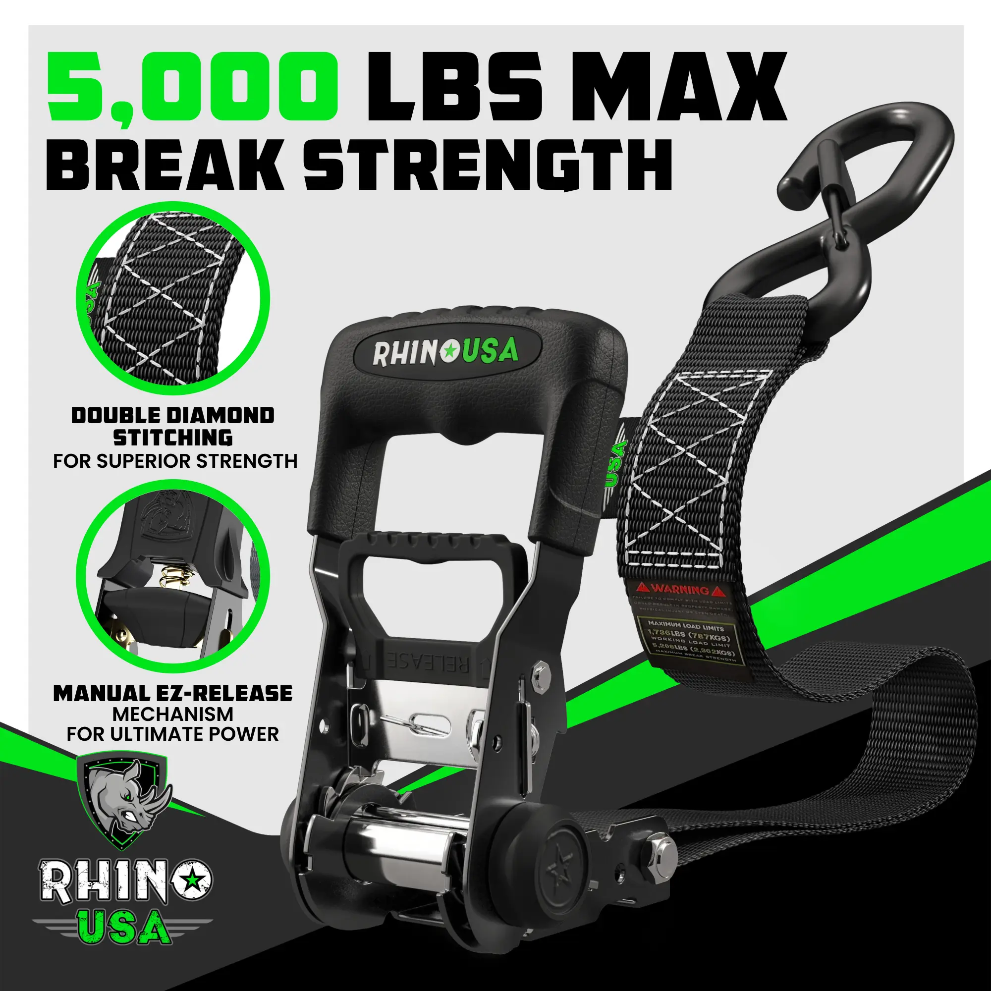 Rhino USA TRADITIONAL Ratchet Straps Heavy Duty Kit - 1.6 Inch x 8ft -15ft (5,208lb Break Strength) 2-4 pack