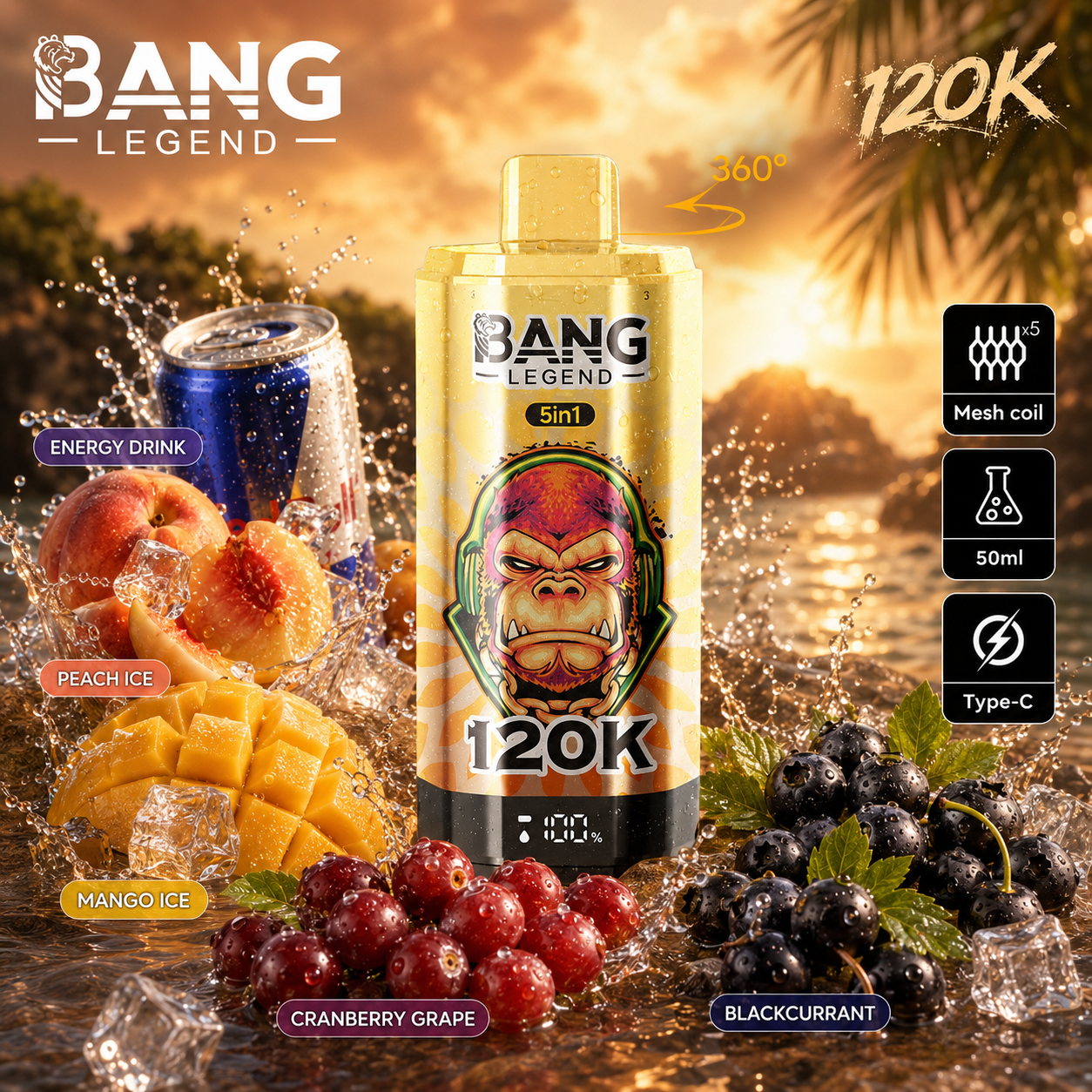 Energeťák + Ledová broskev + Ledové mango + Brusinka a hrozno + Černý rybíz | Bang Legend vape 120 000 potahů