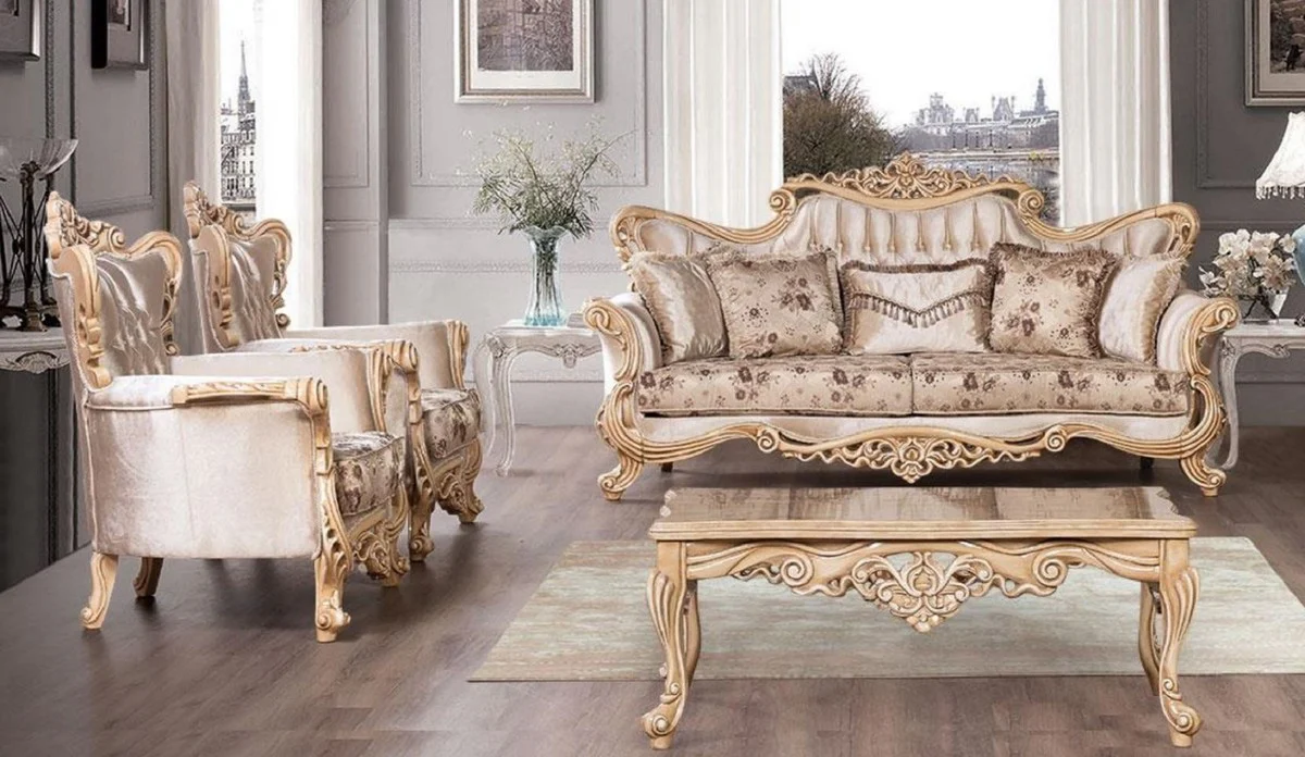 Luxury baroque living room set beige / brown / natural colors - 2 baroque sofas with floral pattern & 2 baroque armchairs with floral pattern & 1 baroque coffee table - baroque living room furniture