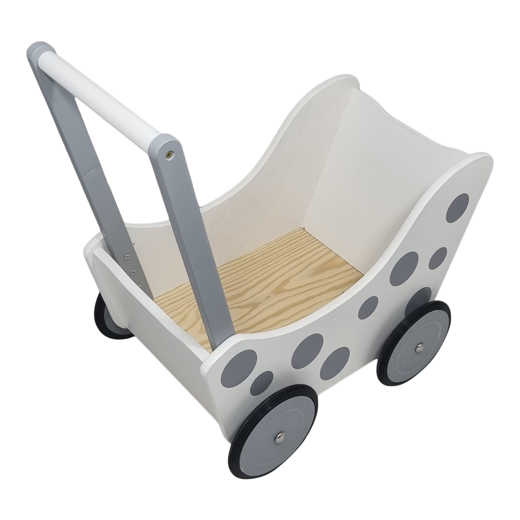 Poppenwagen Hout wit zilver met stippen zwart rubber