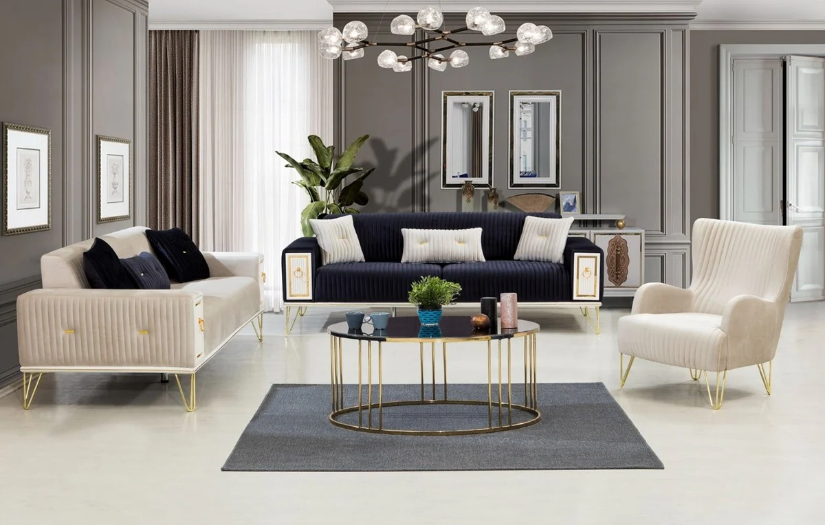 Luxury sofa bed dark blue / white / gold 220 x 90 x H. 80 cm - Modern living room sofa - Living room furniture