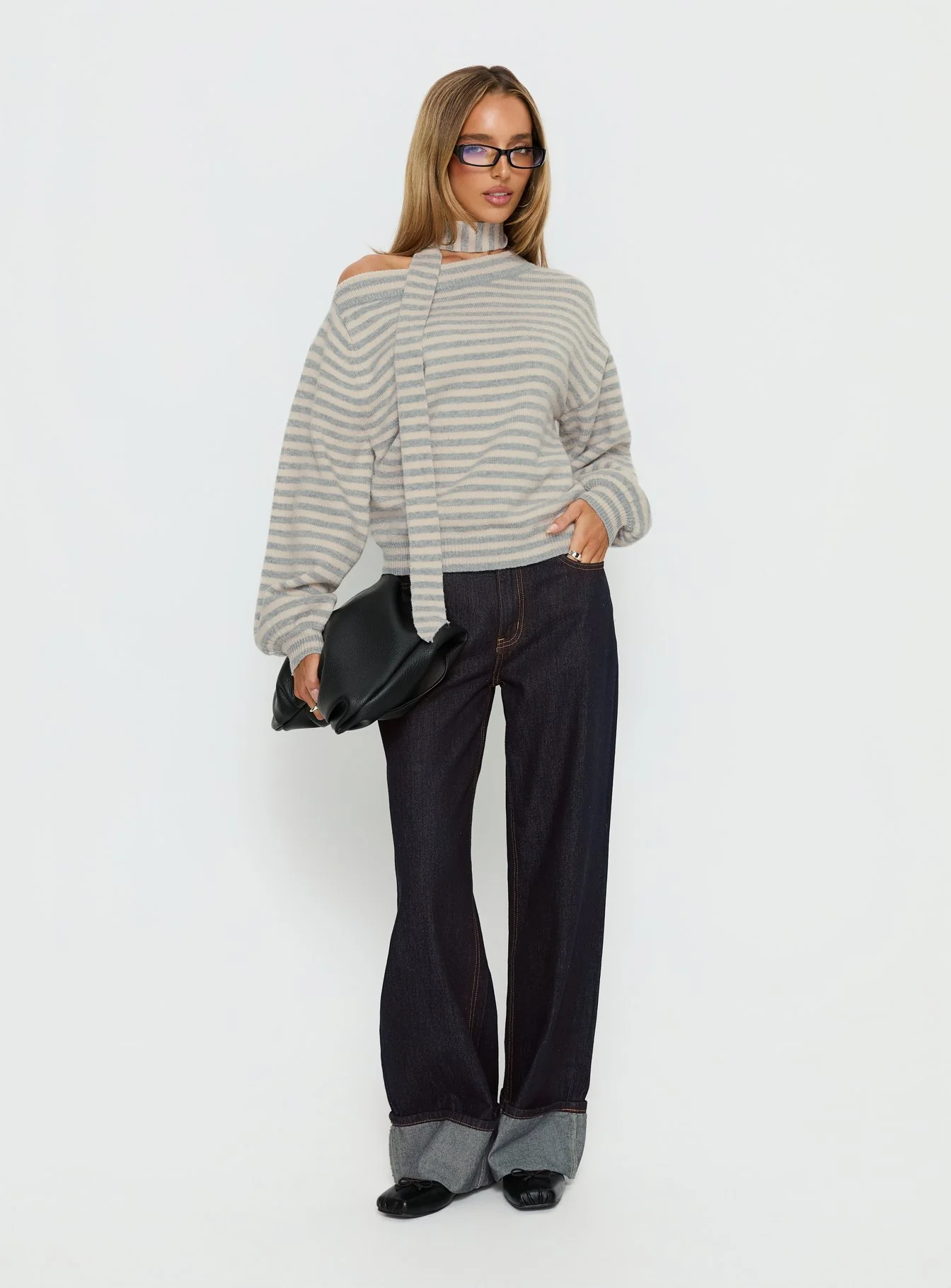 Ruthi Scarf Off Shoulder Knit Sweater Neutral Stripe