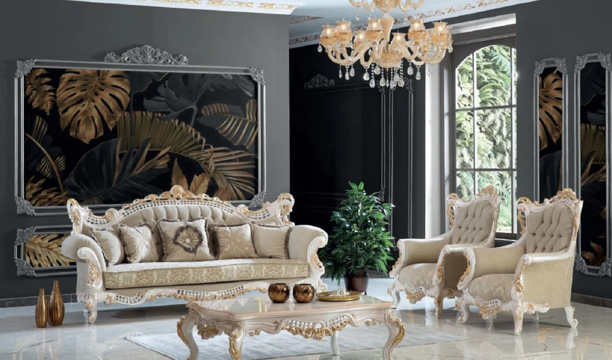Luxury Baroque Living Room Set Greige / White / Gold - 2 Sofas & 2 Armchairs & 1 Coffee Table - Handmade Living Room Furniture in Baroque Style - Noble & Magnificent