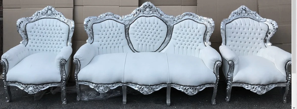 Baroque sofa set white leather look / silver + 2 armchairs with rhinestones - Baroque living room