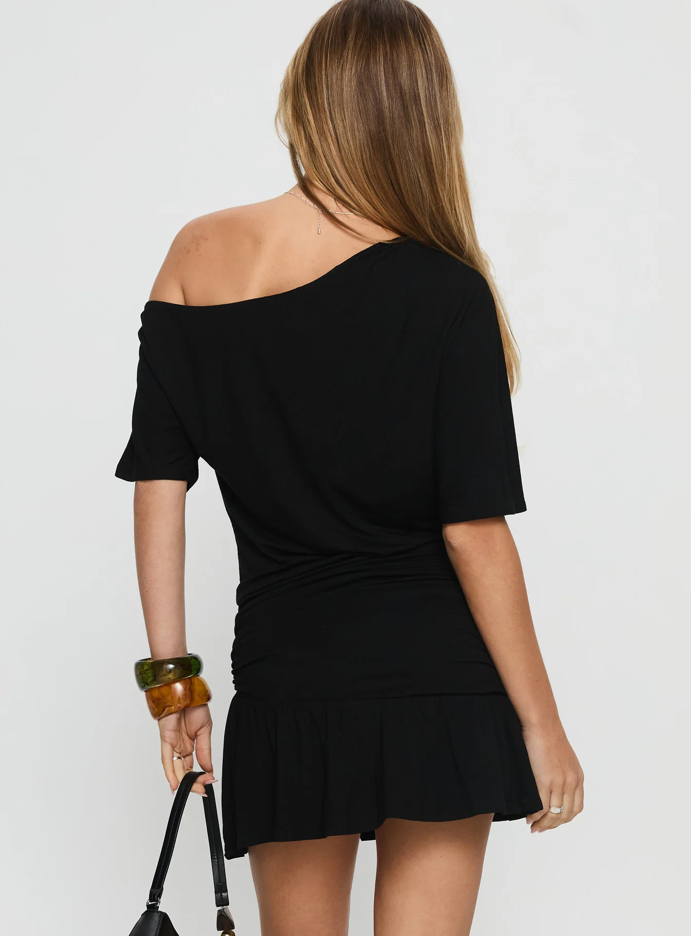 Haylo Off Shoulder Drape Mini Dress Black