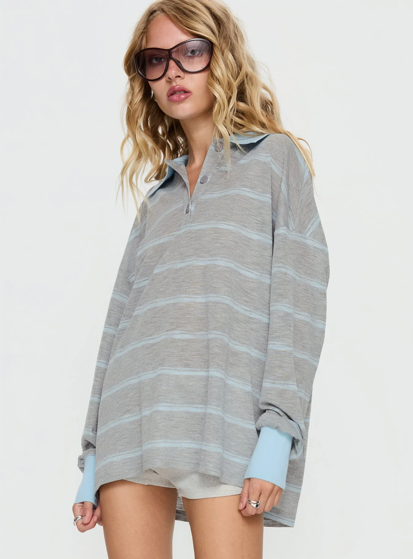Aleka Long Sleeve Rugby Jersey Grey / Blue Stripe