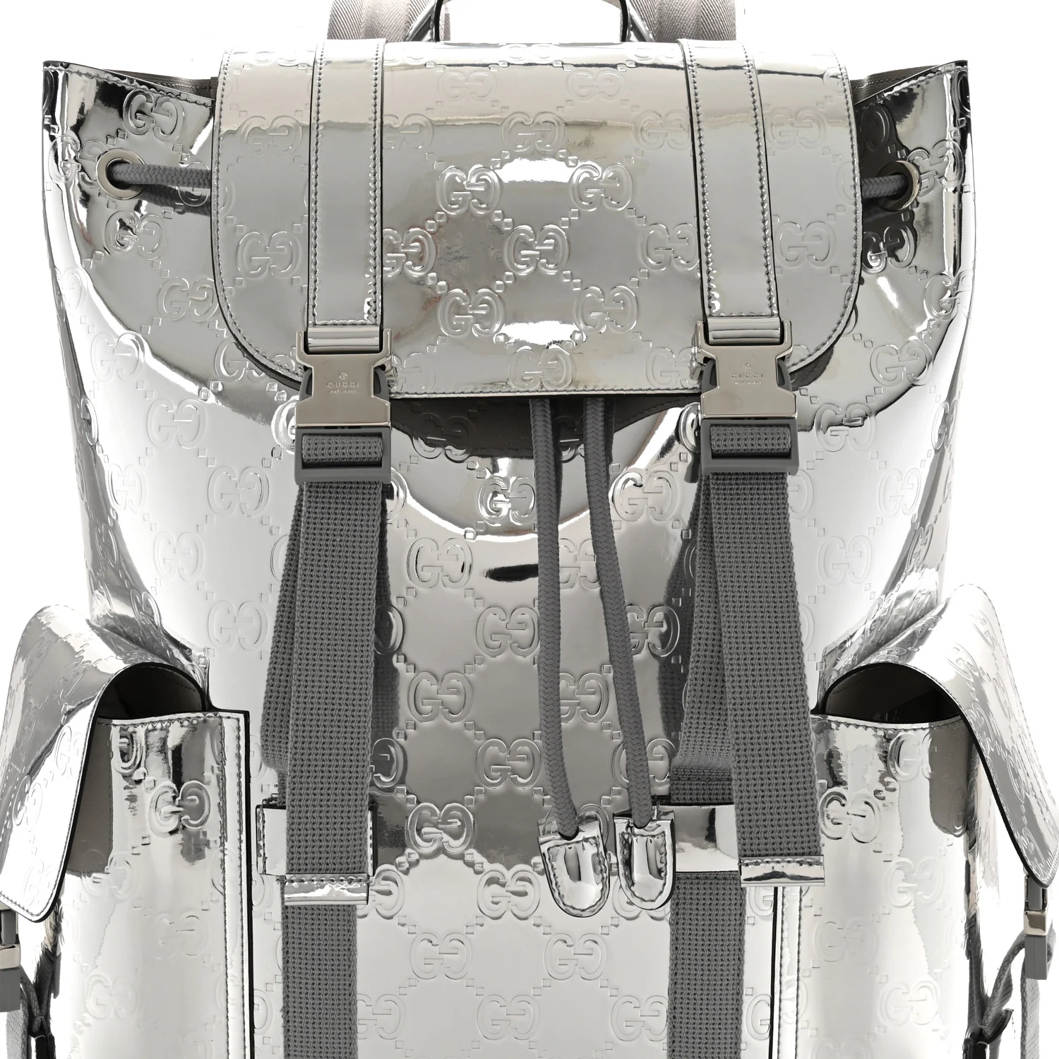 Mirror Effect GG Monogram Appia Calfskin Web Double Buckle Backpack Silver - Top Club