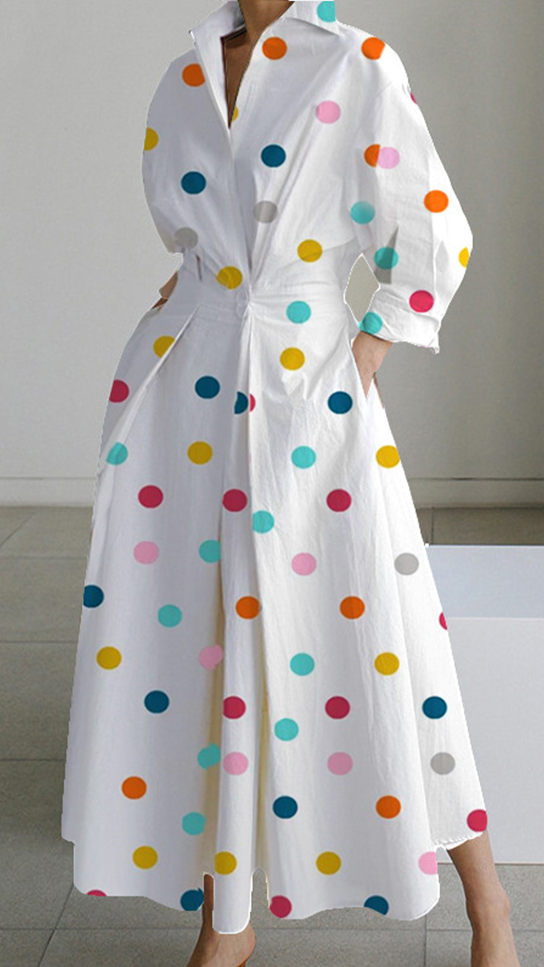Women's Cotton-Blend White & Black Polka Dot Waisted Shirt Dress - Nordfashionstorm - Women's Clothing, Fashion for You - Nordfashionstorm.com