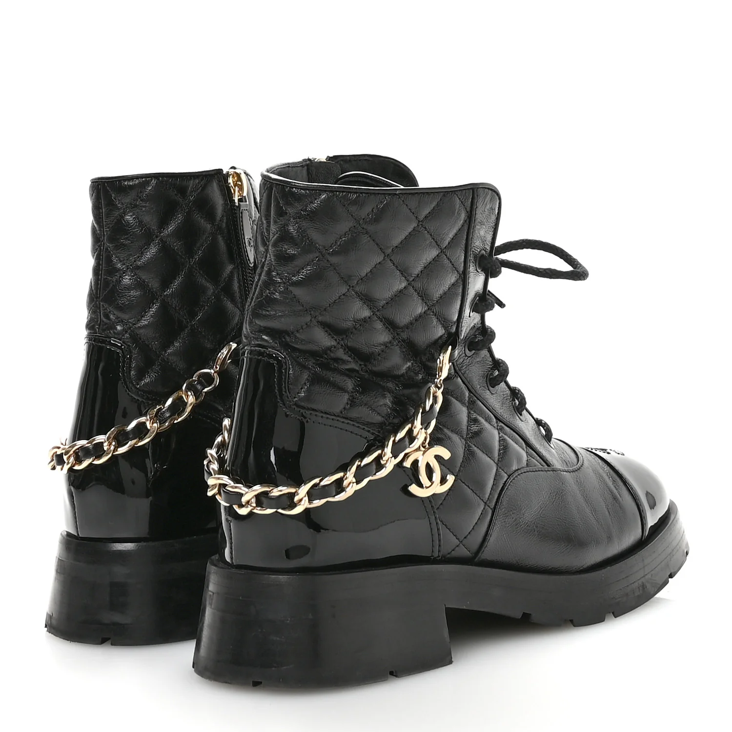 Shiny Calfskin Patent Quilted Chain Lace Up Combat Boots 40 Black - Top Club