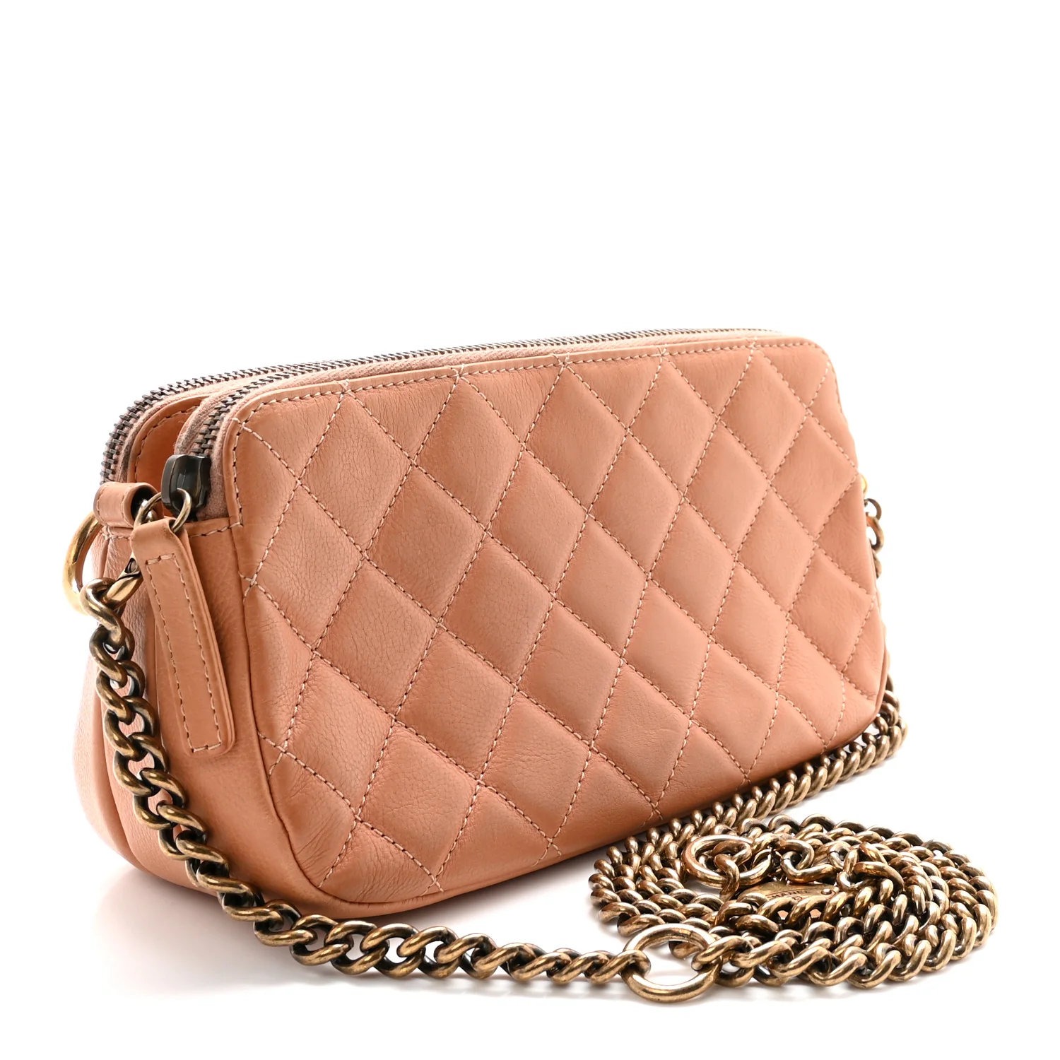 Calfskin Quilted Crown CC Double Zip Bag Beige - Top Club