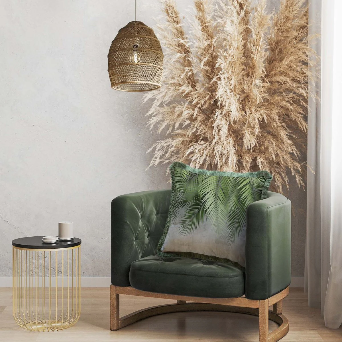 Luxury decorative cushion palm leaves gray / green 45 x 45 cm - printed velvet cushion with fringes - luxury decorative accessories