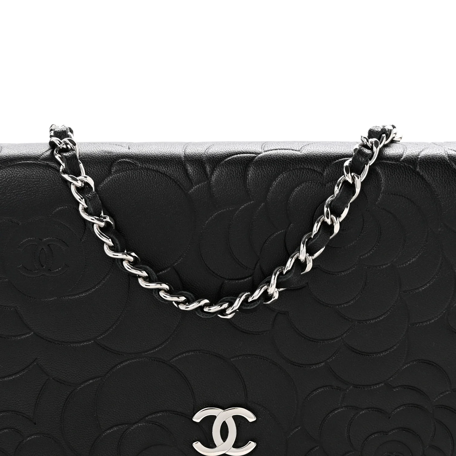Lambskin Camellia Embossed Wallet On Chain WOC Black - Top Club