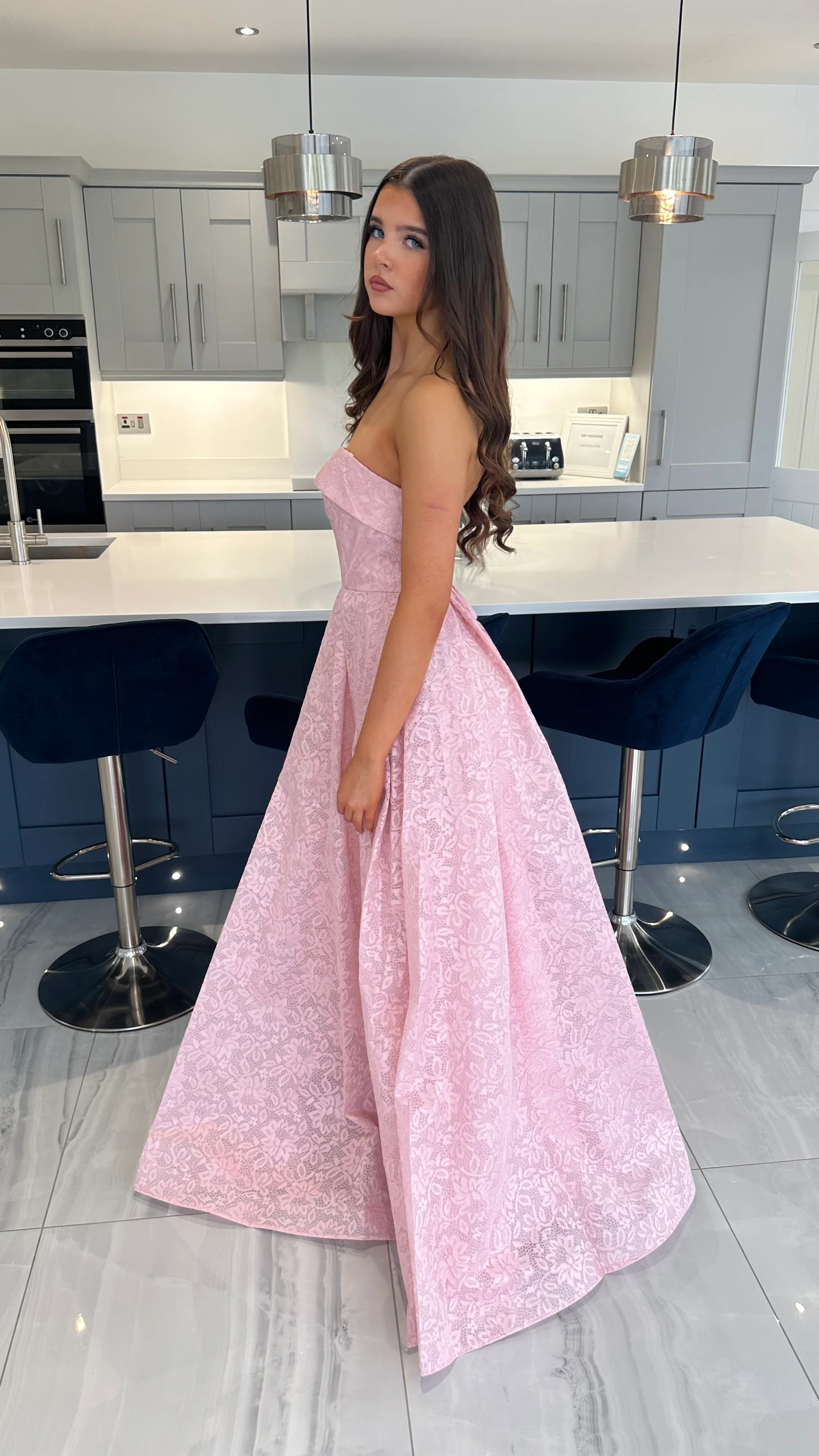 Baby Pink Lace Strapless Ball Gown