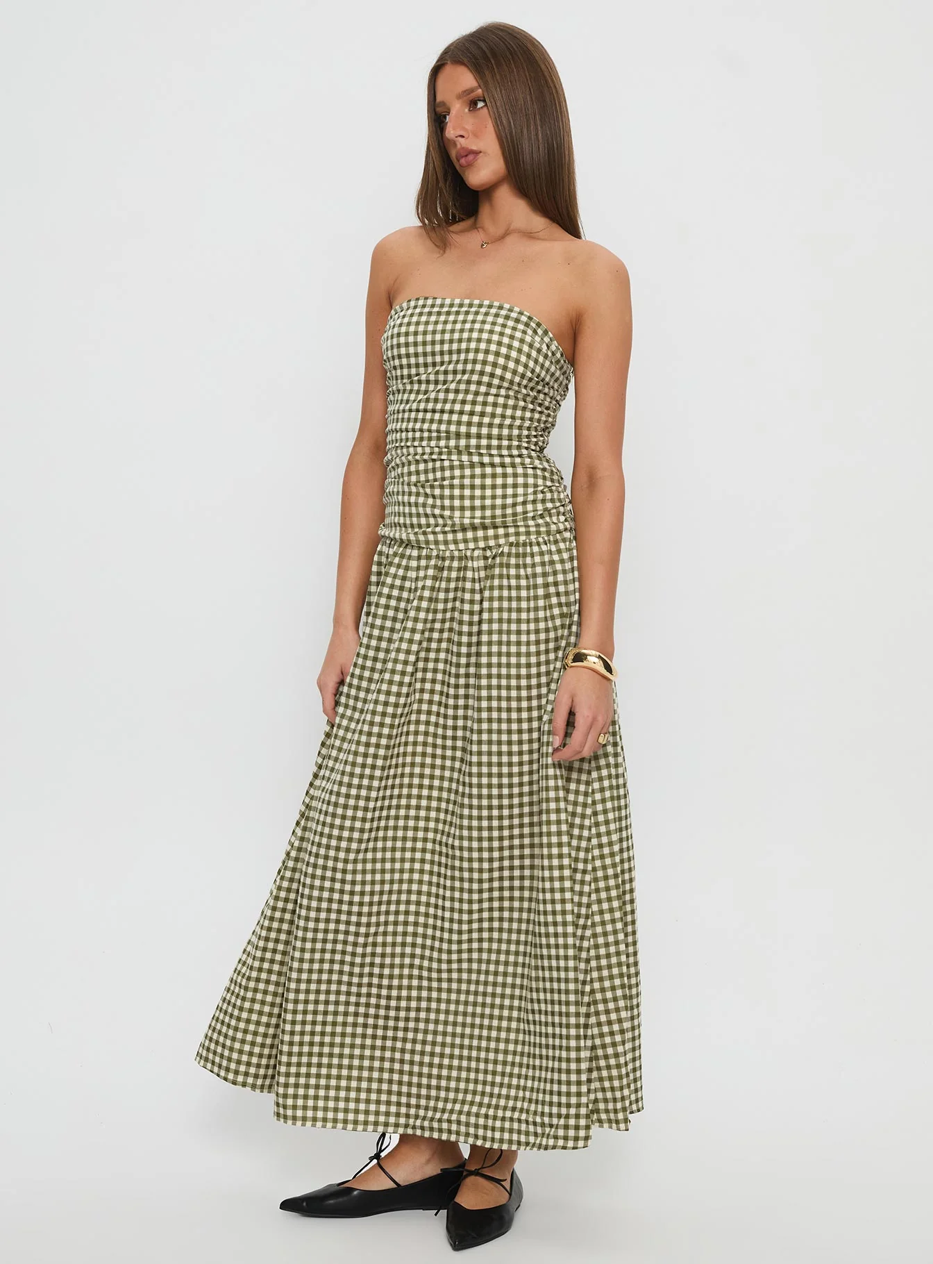 Frankey Strapless Drop Waist Maxi Dress Green Check
