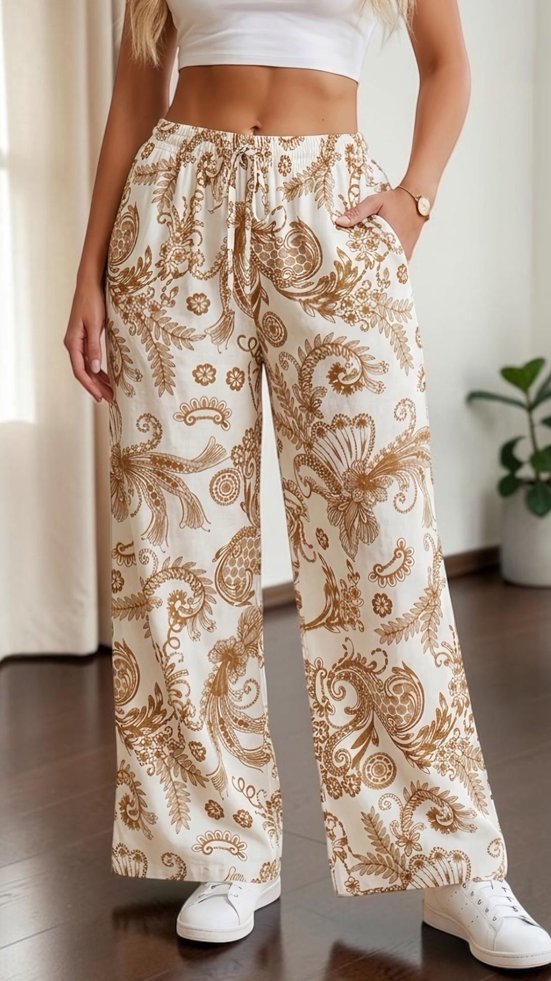 Women's  Elastic Waist Retro Print Loose Wide Leg Polyester Pants - Nordfashionstorm - Women's Clothing, Fashion for You - Nordfashionstorm.com