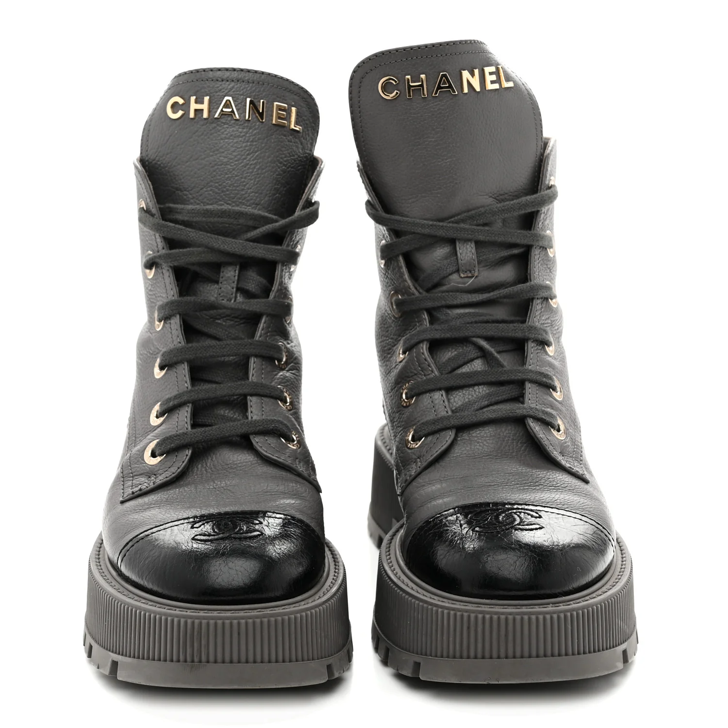 Calfskin CC Lace Up Combat Boots 39 Gray - Top Club