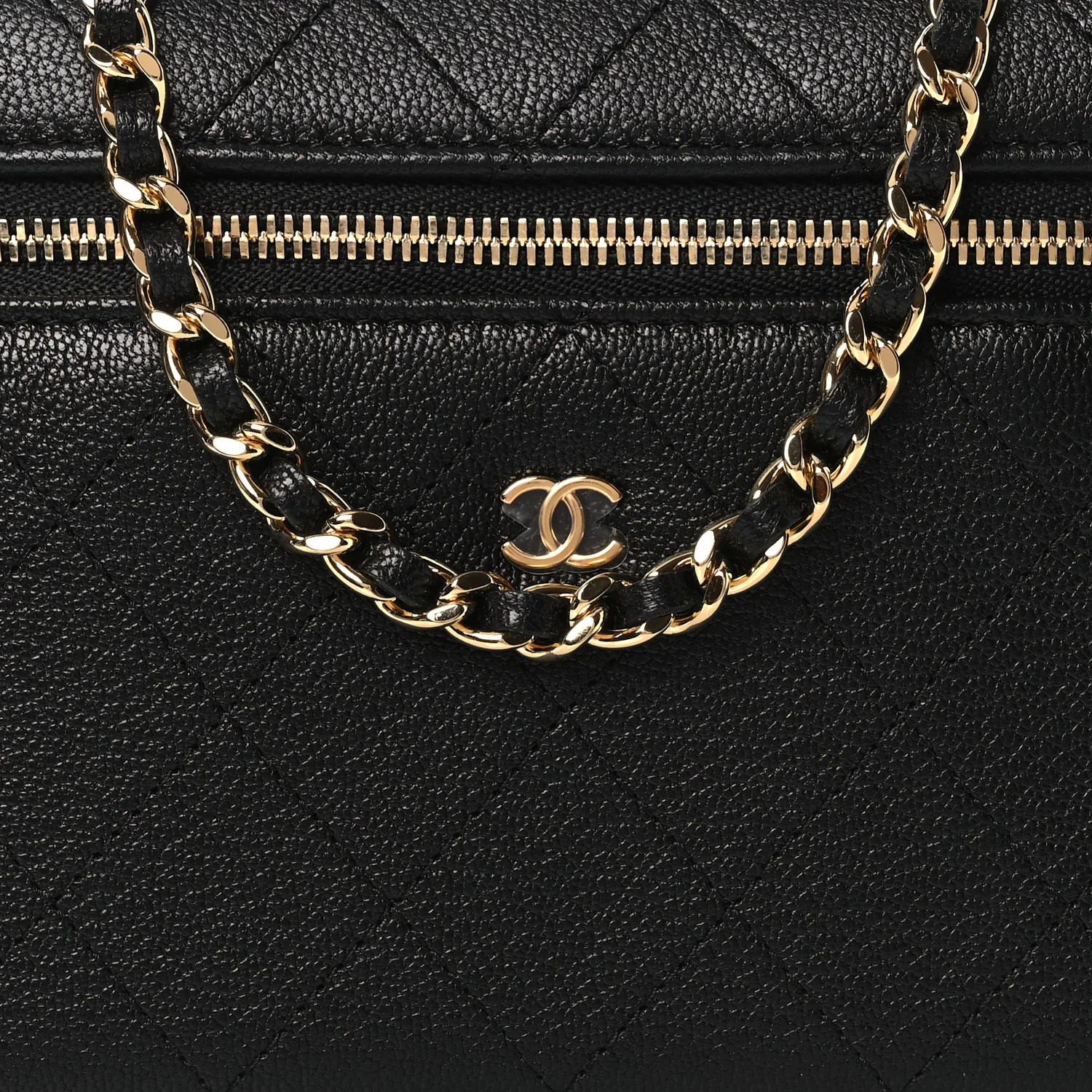Goatskin Stitched Top Handle Slim Vanity With Chain Black - Top Club