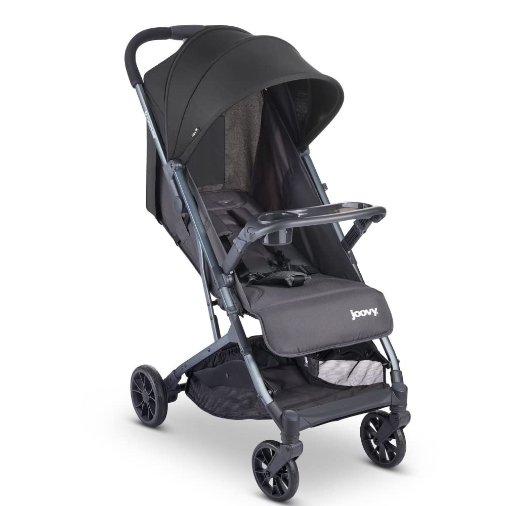 Joovy Kooper Lightweight Baby Scooter with Removable, Swivel-Open Tray, Big Wheels, Reclining Seat with Footrest, Extra-Large Retractable Canopy and Compact Fold (Forged Iron)