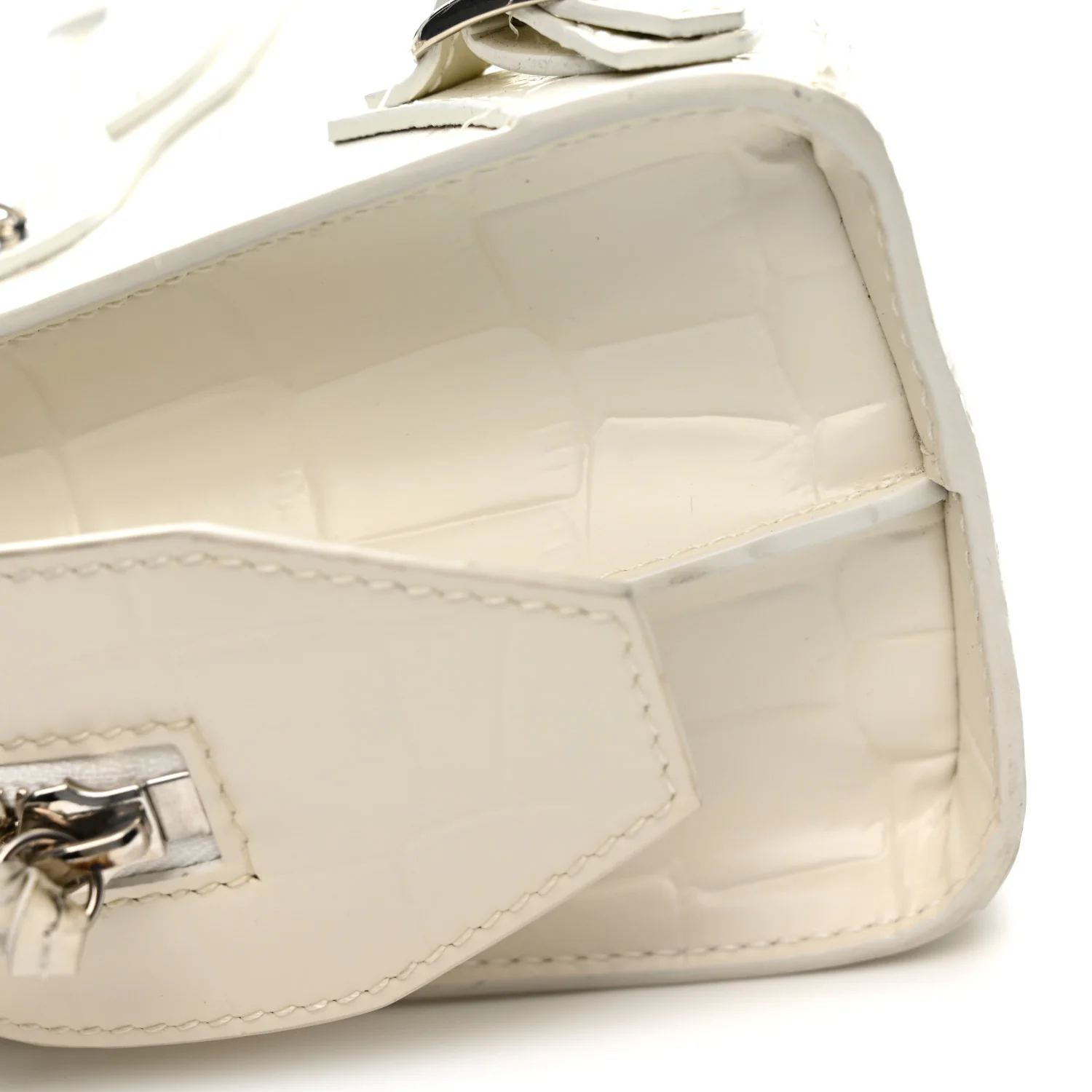 Semi Shiny Calfskin Crocodile Embossed Neo Classic Silver Hardware Mini City White - Top Club