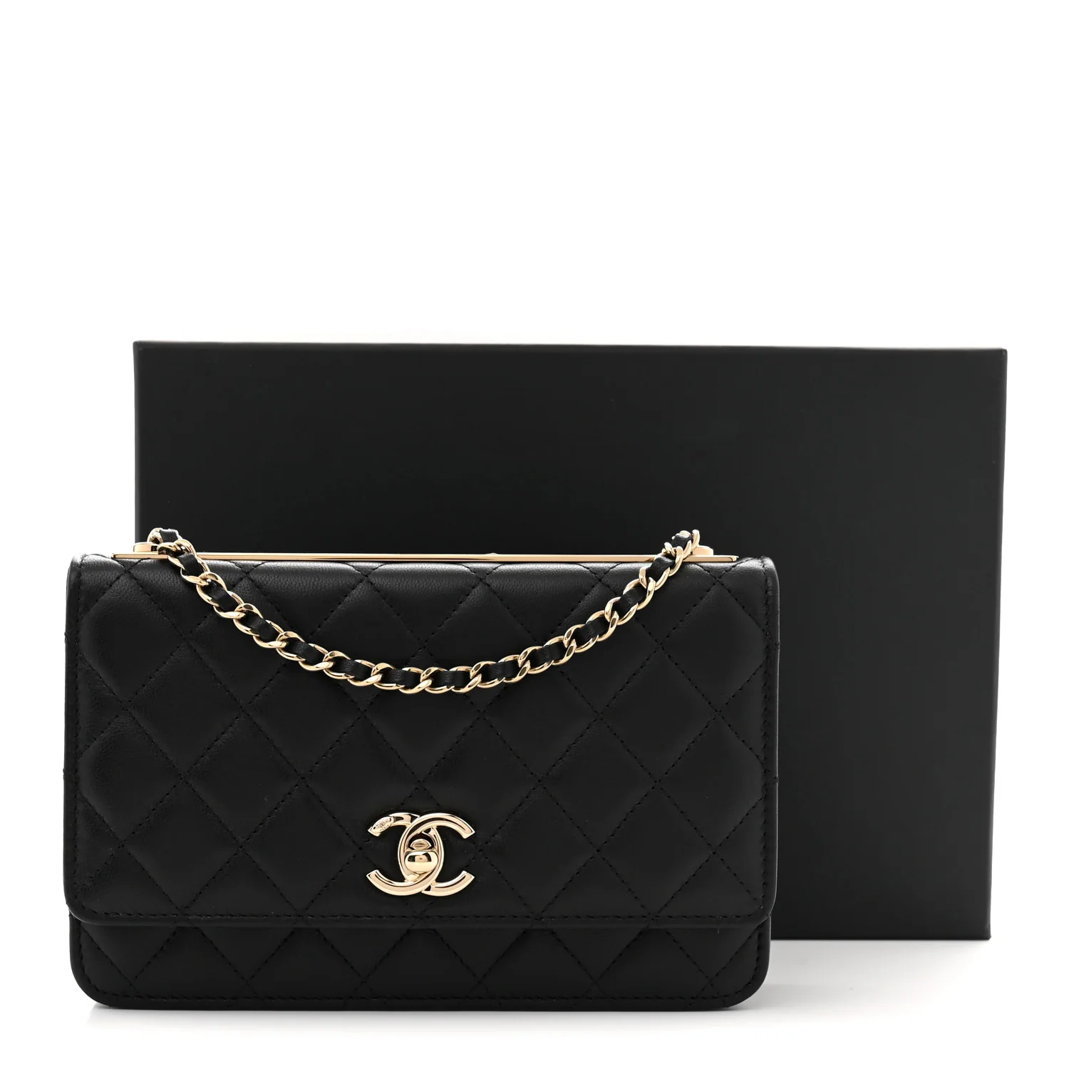 Lambskin Quilted Trendy CC Wallet On Chain WOC Black - Top Club
