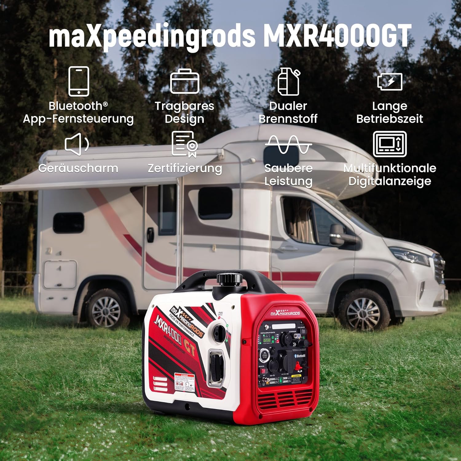 maXpeedingrods Generatore di Corrente Silenziato GPL e Benzina 3500W Inverter con App Bluetooth® Telecomando Portatile 4 Tempi Generatore Emergenza per all'Aperto Campeggio Partito Cantiere Garage