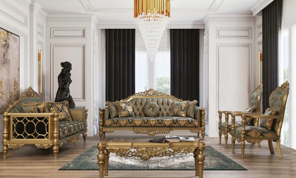 Luxury Baroque Living Room Set Green / Gold - 2 Sofas & 2 Armchairs & 1 Coffee Table - Living Room Furniture in Baroque Style - Noble & Magnificent