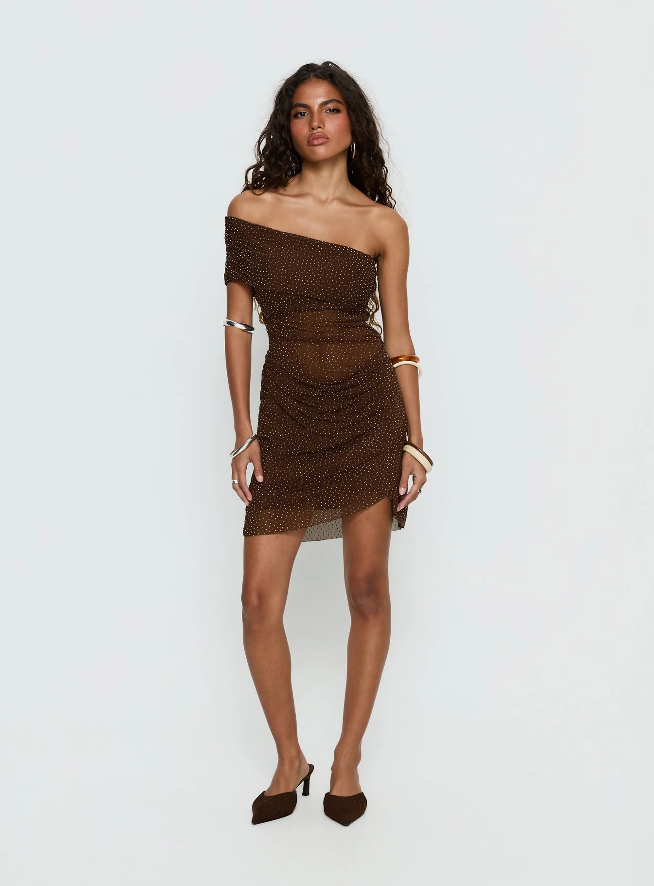 Adriessa One Shoulder Sheer Mini Dress Dark Brown Shimmer