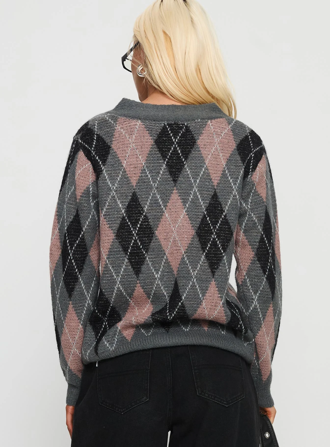 Zeeva Button Through Knit Cardigan Grey Argyle