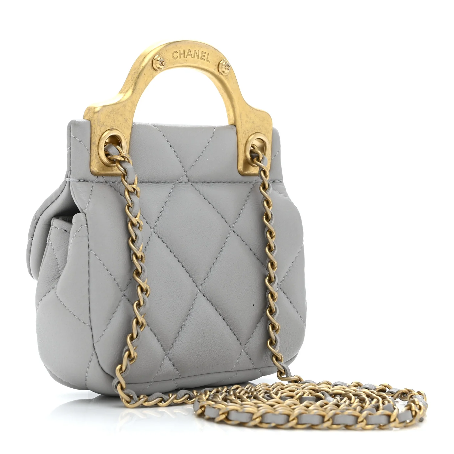 Calfskin Quilted Lady Handle Flap Card Holder With Chain Grey - Top Club