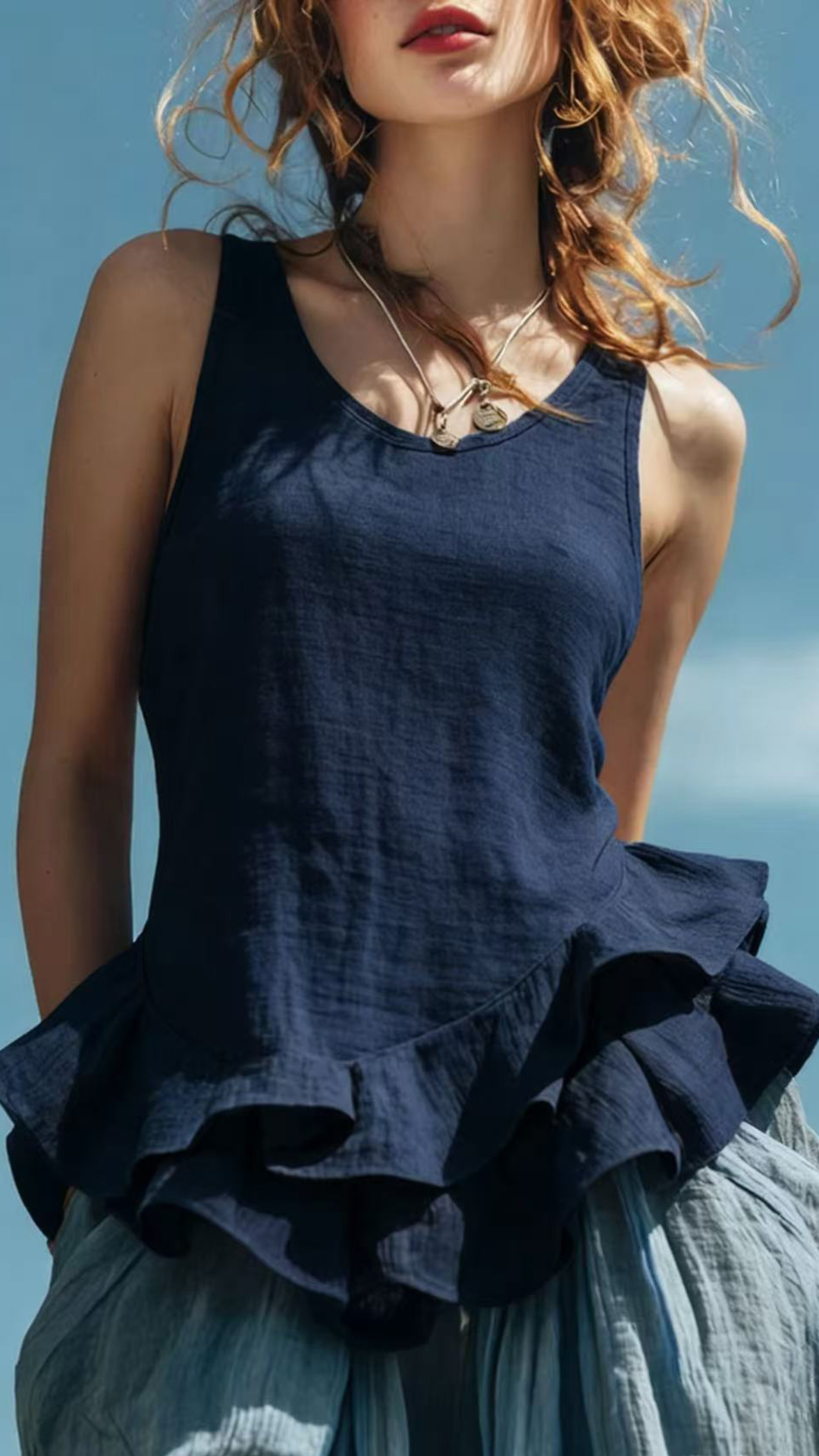 Women's Cotton‑blend U‑neck Sleeveless Ruffle Waist‑cinched Top - Nordfashionstorm - Women's Clothing, Fashion for You - Nordfashionstorm.com