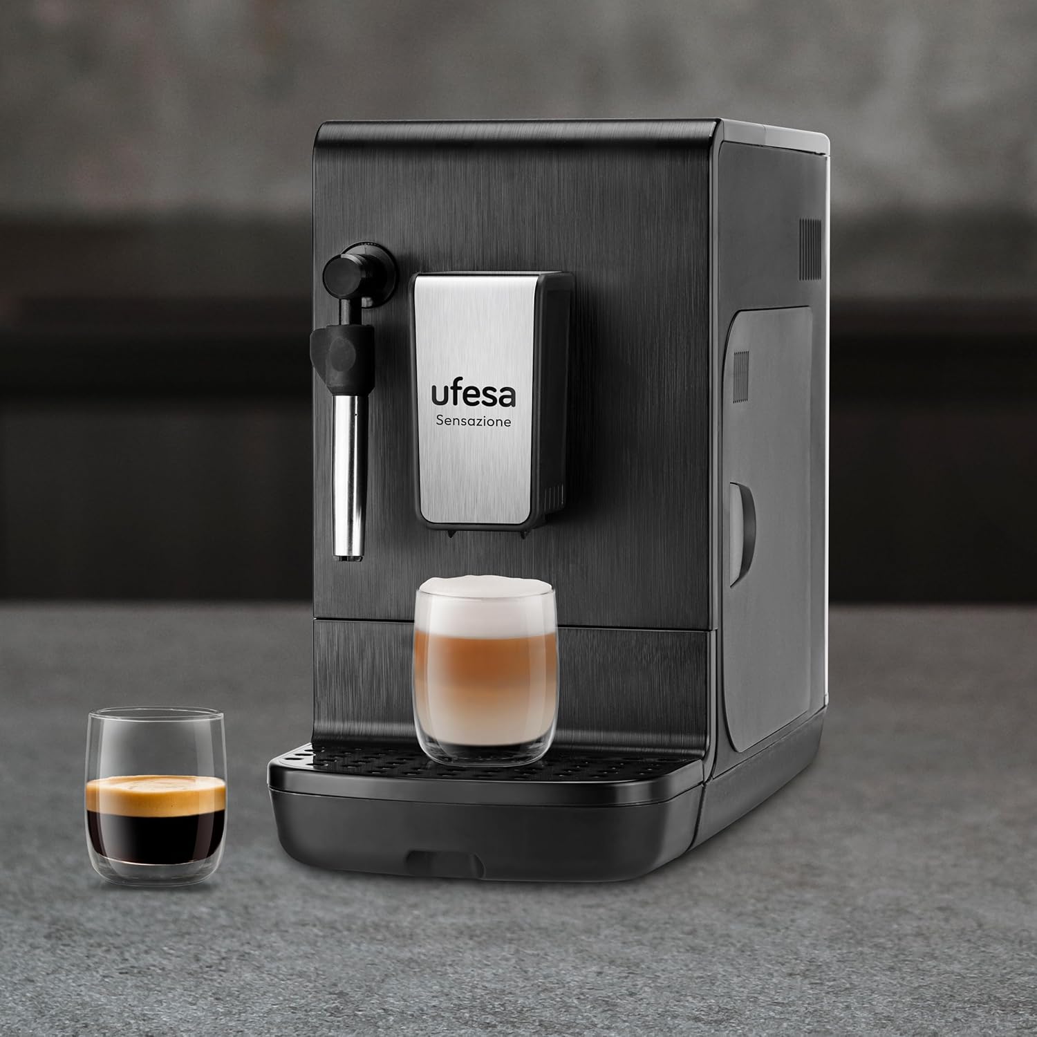 Ufesa Sensazione, Macchina da Caffè Super Automatica, 20 Bar, Caffè Espresso e Cappuccino, Compatta, Personalizzazione del Caffè, Touch Screen, Macinino Integrato