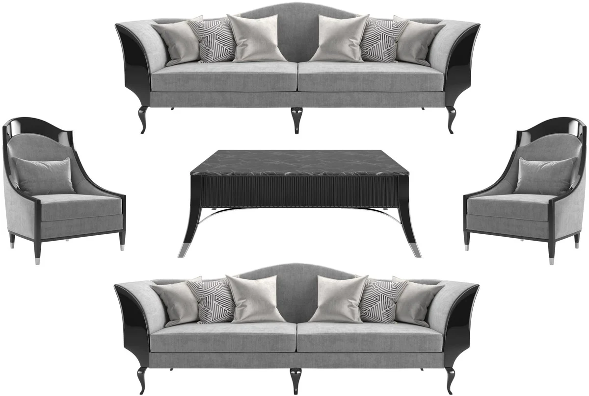 Luxury Art Deco living room set gray / black / silver - 2 sofas & 2 armchairs & 1 coffee table with marble top - Noble Art Deco living room furniture