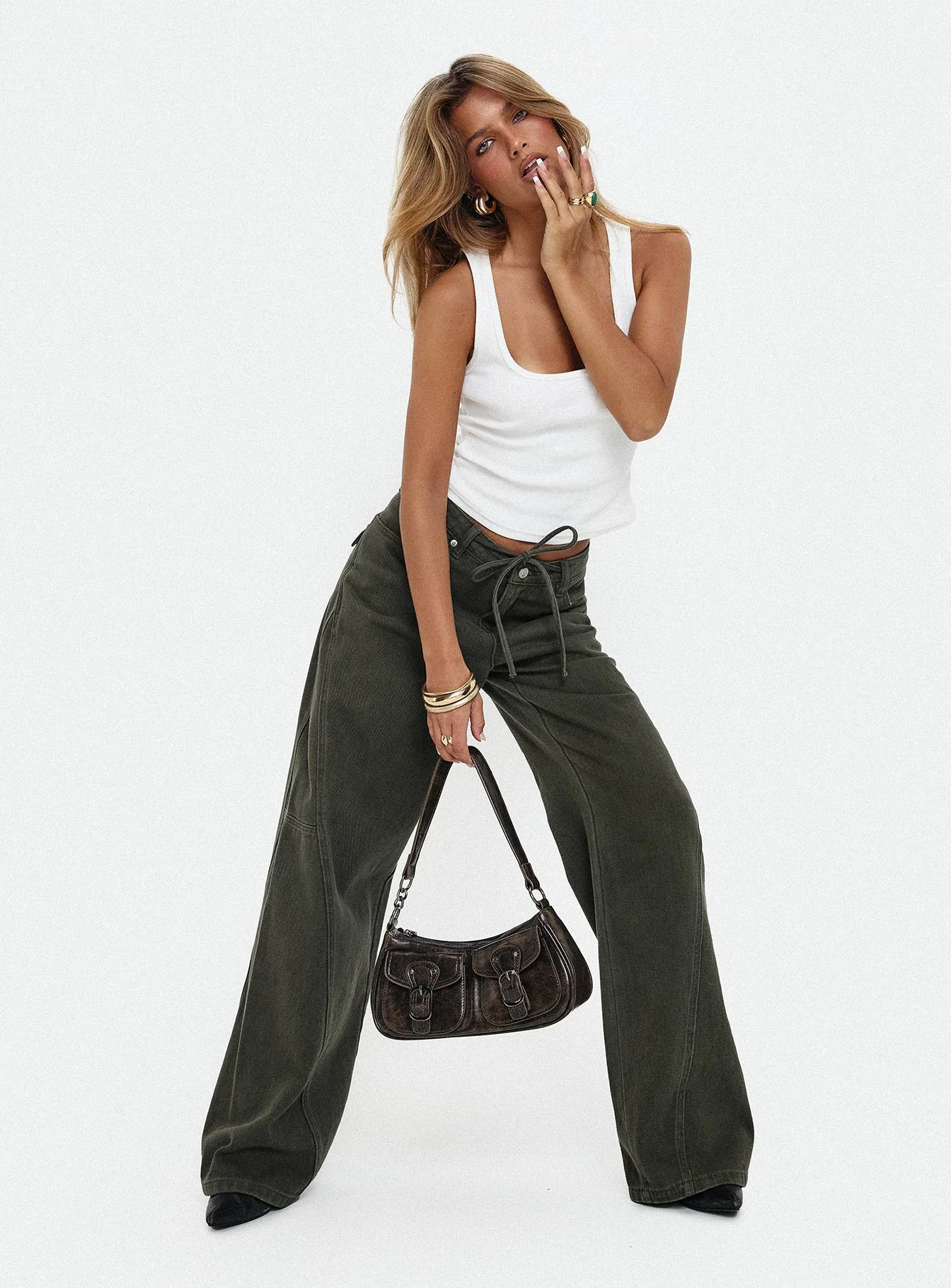 Bruiser Tie Waist Mid Rise Wide Leg Jeans Green