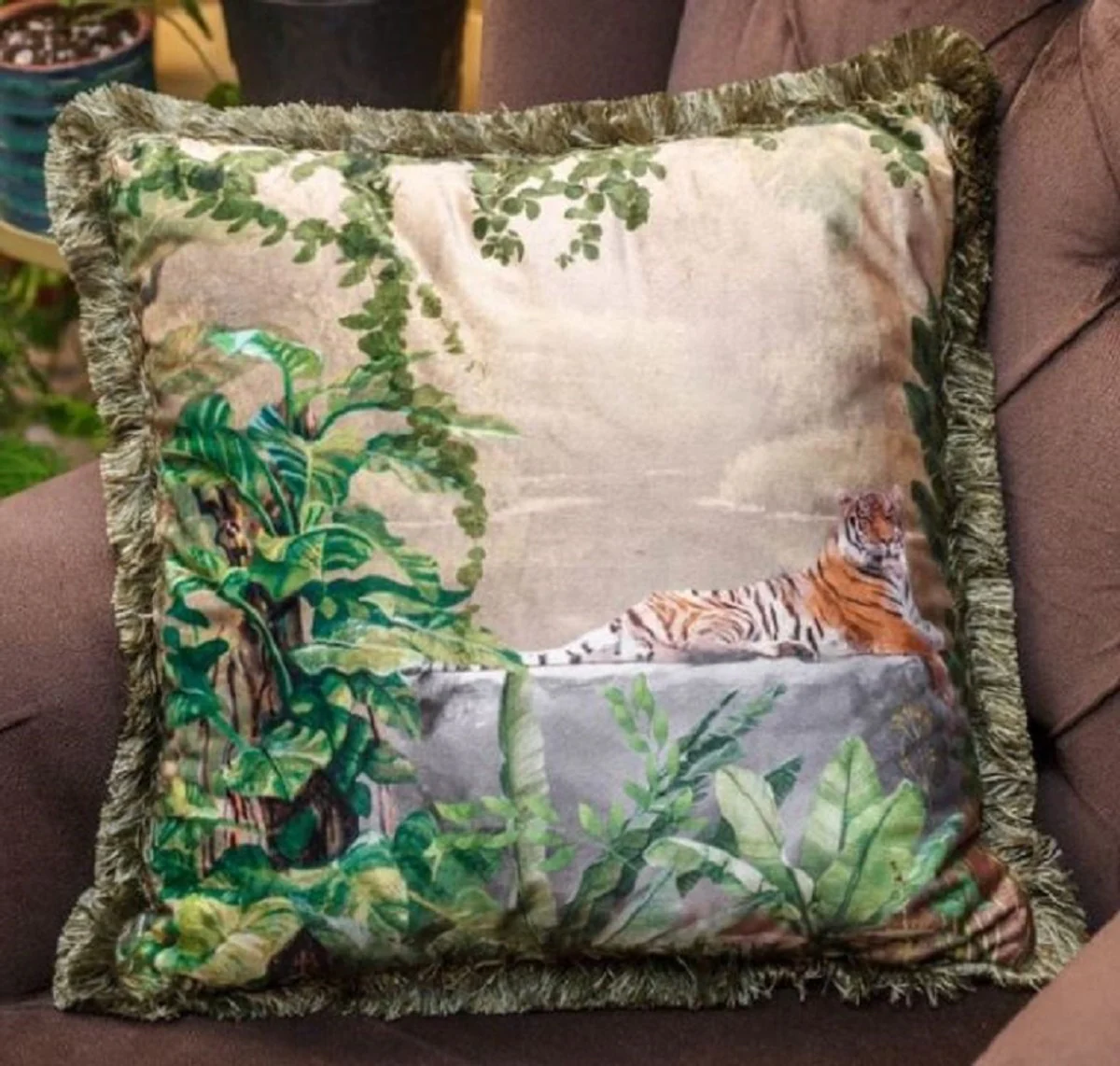 Luxury decorative cushion jungle & tiger multicolored / green 45 x 45 cm - printed velvet cushion with fringes - elegant decorative cushion - luxury collection