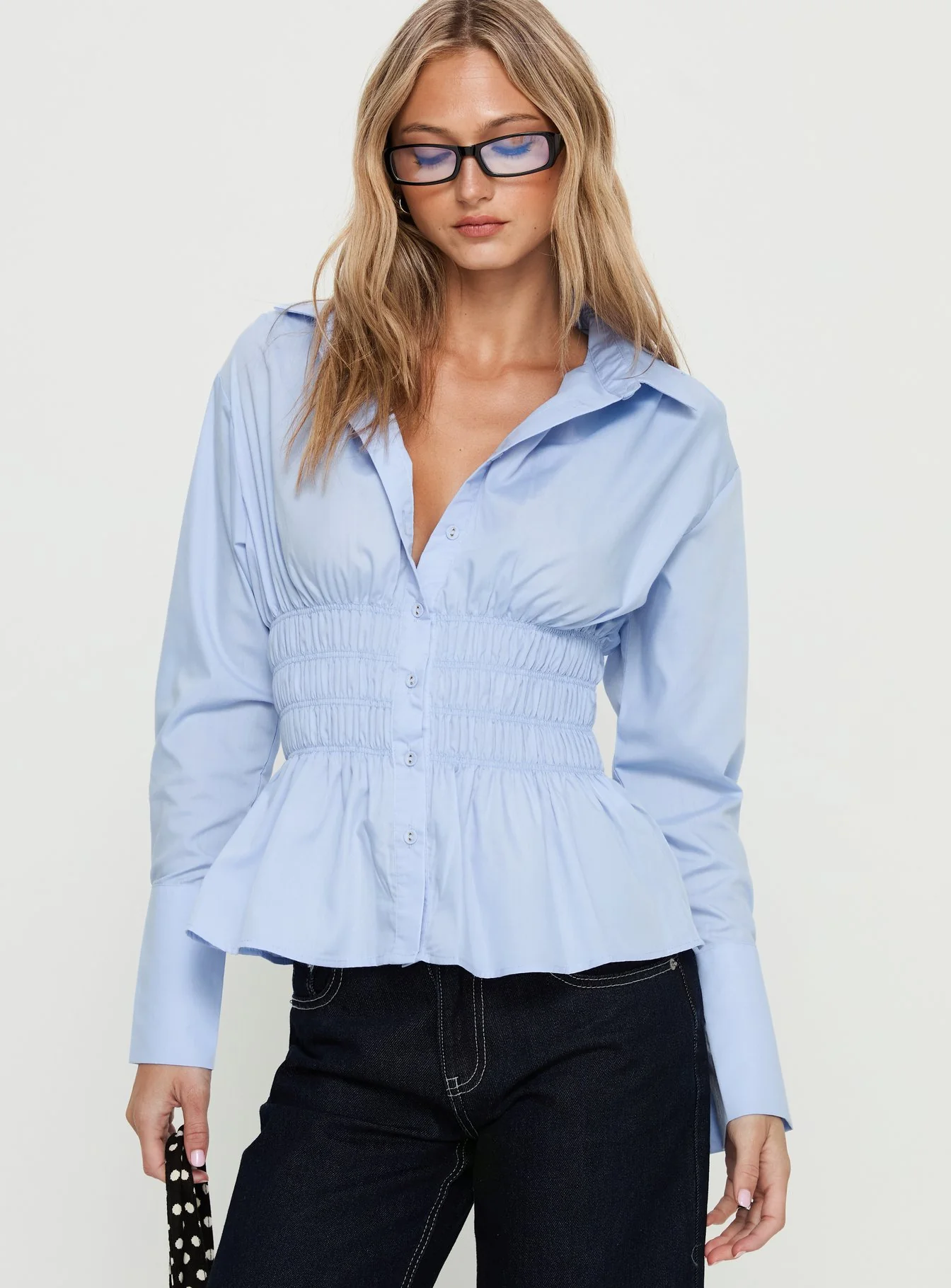 As You Are Shirred Button Up Top Soft Blue