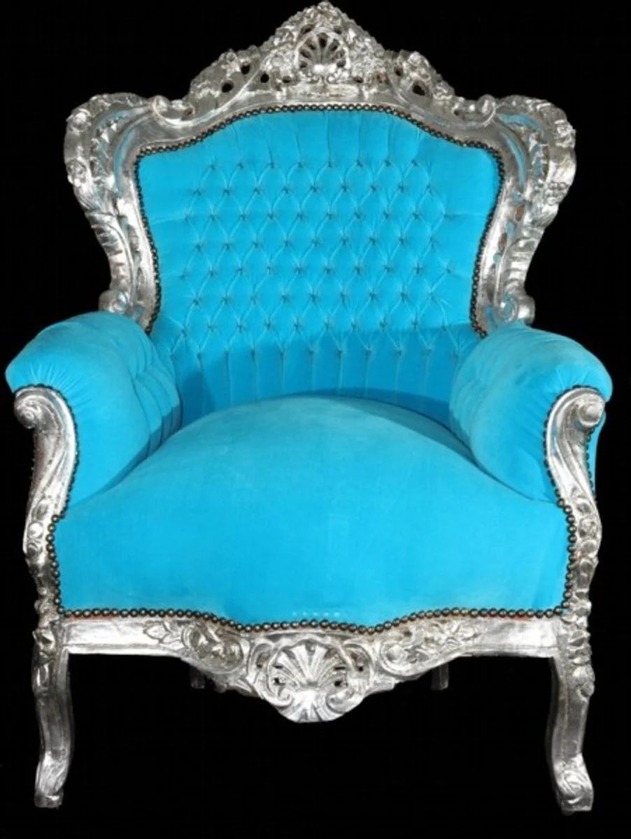 Baroque Armchair King Turquoise/Silver Throne Tron Königstron