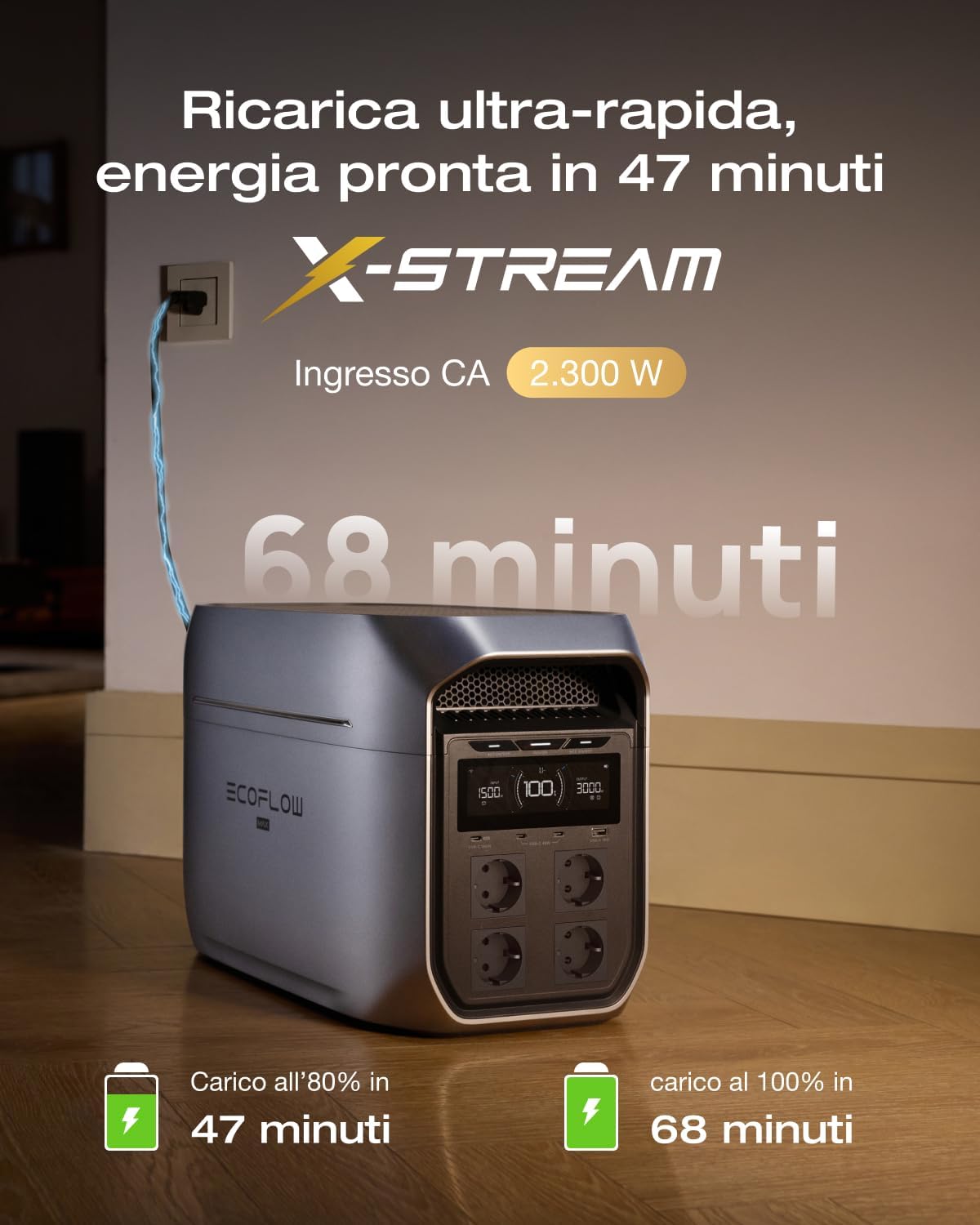 Power station portatile EF ECOFLOW DELTA 3 Max Plus, 2.048 Wh (espandibile fino a 10 kWh), LiFePO�? uscita CA 3.000 W, ricarica 0�?0% in 47 min, UPS 10 ms, generatore solare per casa e campeggio