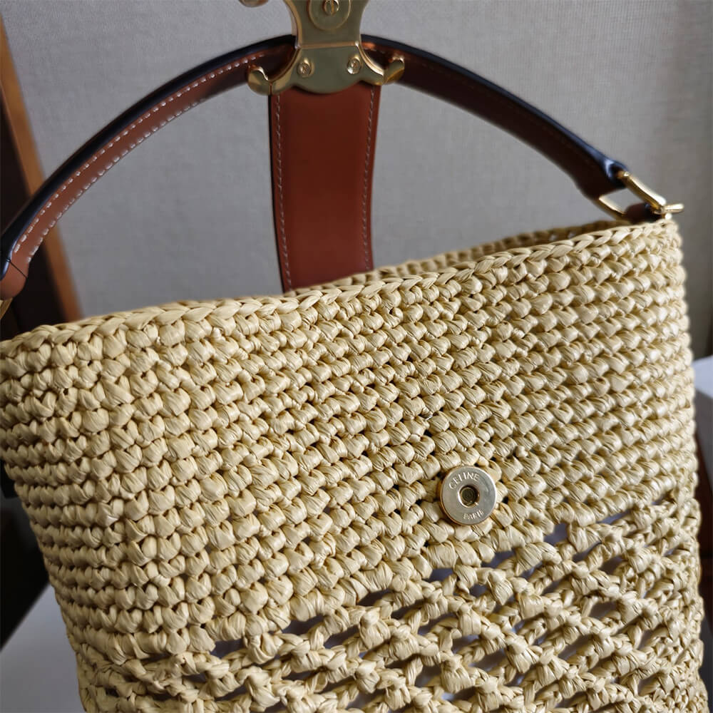 CELINE SMALL LOUISE BUCKET IN RAFFIA AND CALFSKIN(HIGH-END GRADE) - Top Club