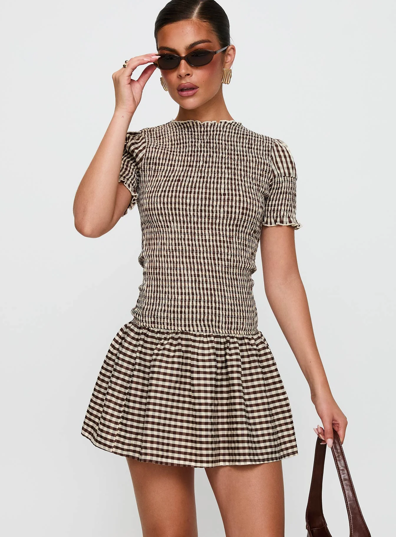 Laurita Shirred Mini Dress Brown Check