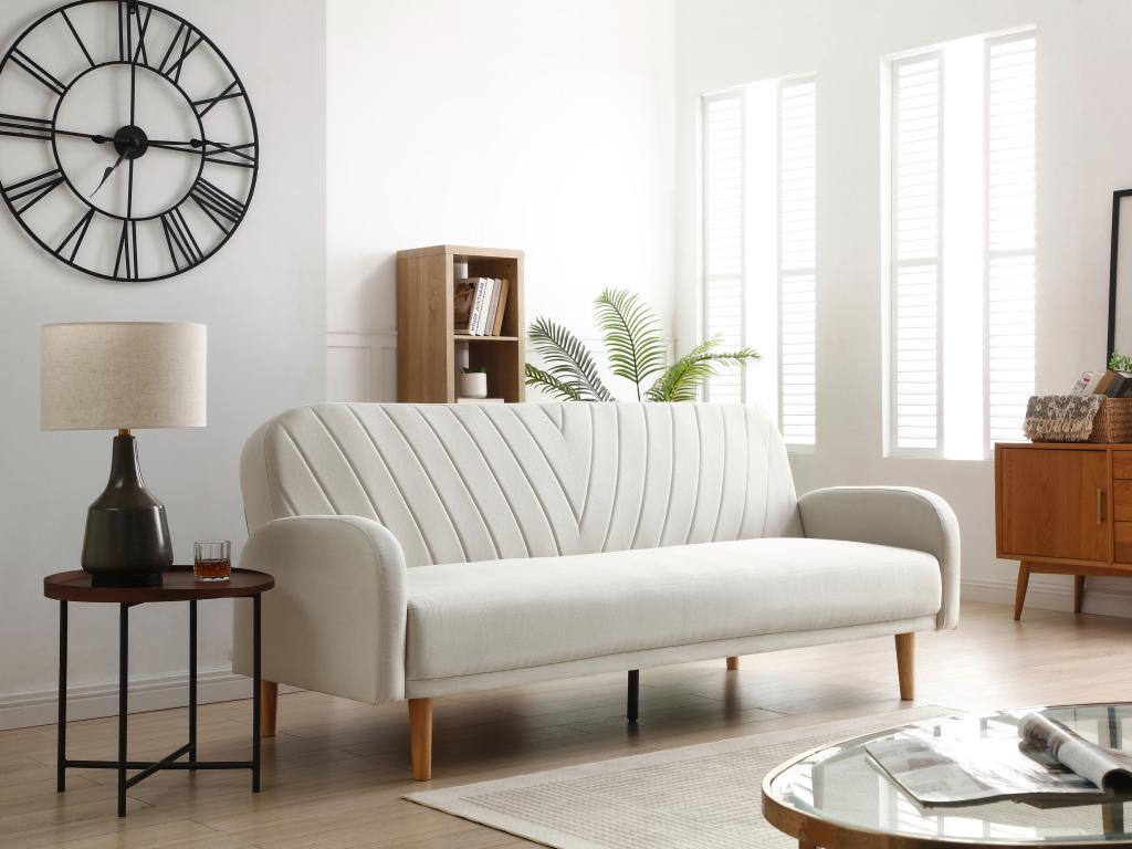 Sofá cama de 3 plazas clic-clac de tela crema estilo escandinavo