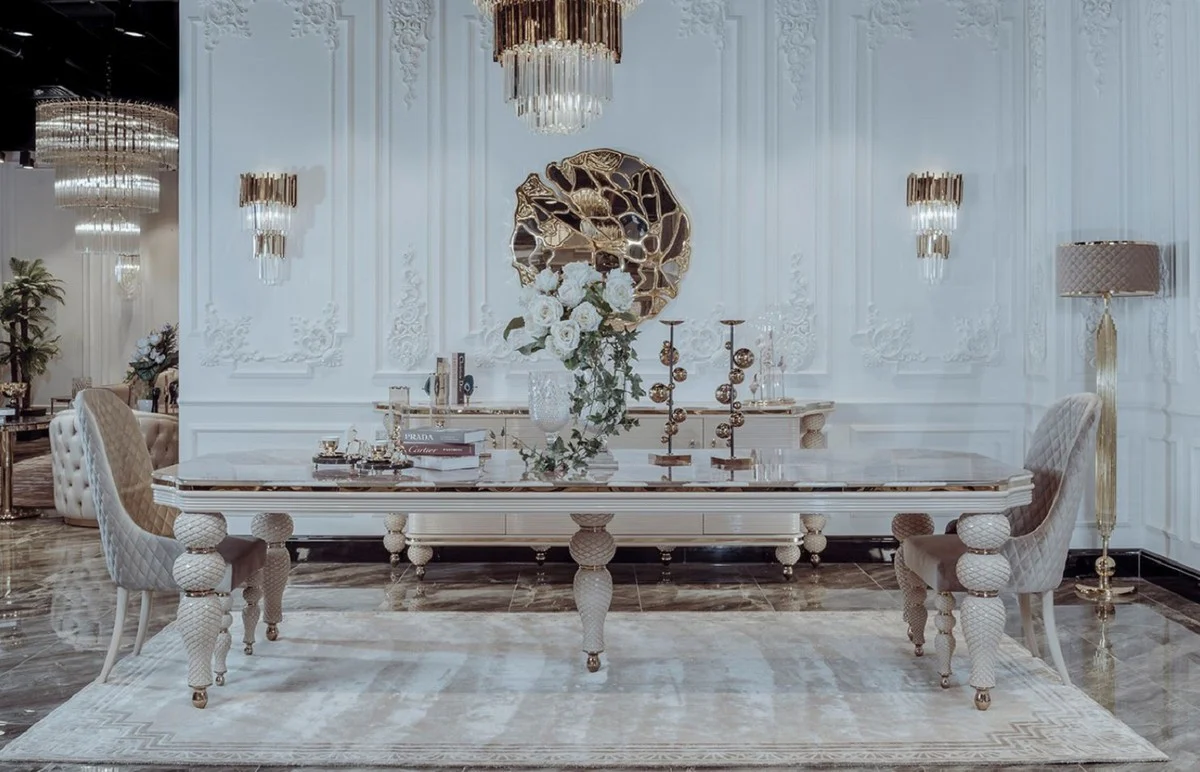 Luxury Art Deco Dining Room Set Gray / White / Gold - 1 Art Deco Dining Table with Faux Marble Table Top & 8 Art Deco Dining Room Chairs - Art Deco Dining Room Furniture - Luxury Quality