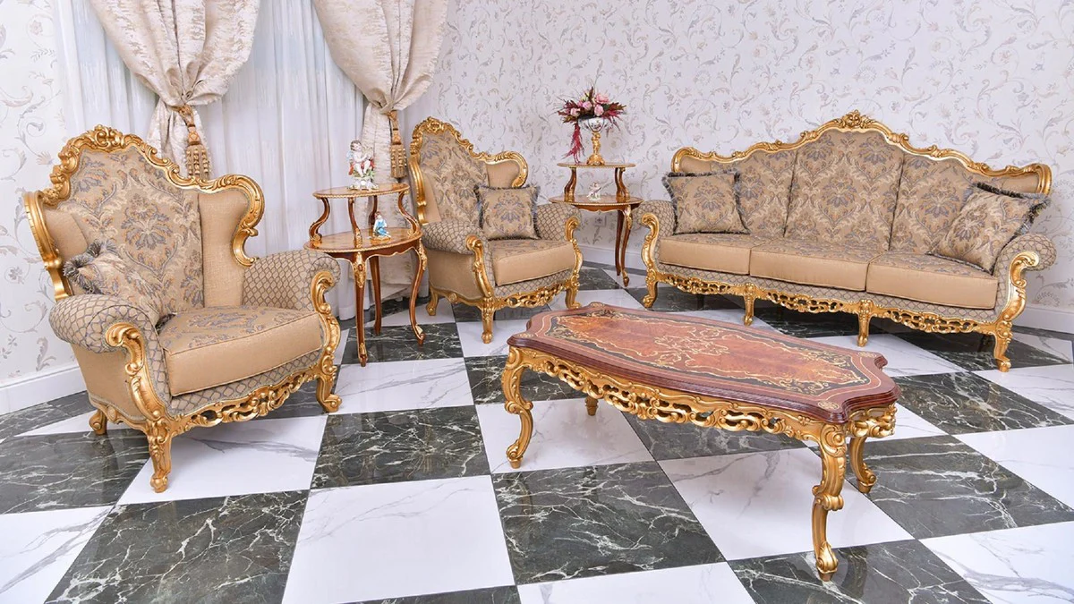 Luxus Barock Couchtisch Braun / Gold 128 cm - Barock Möbel - Made in Italy