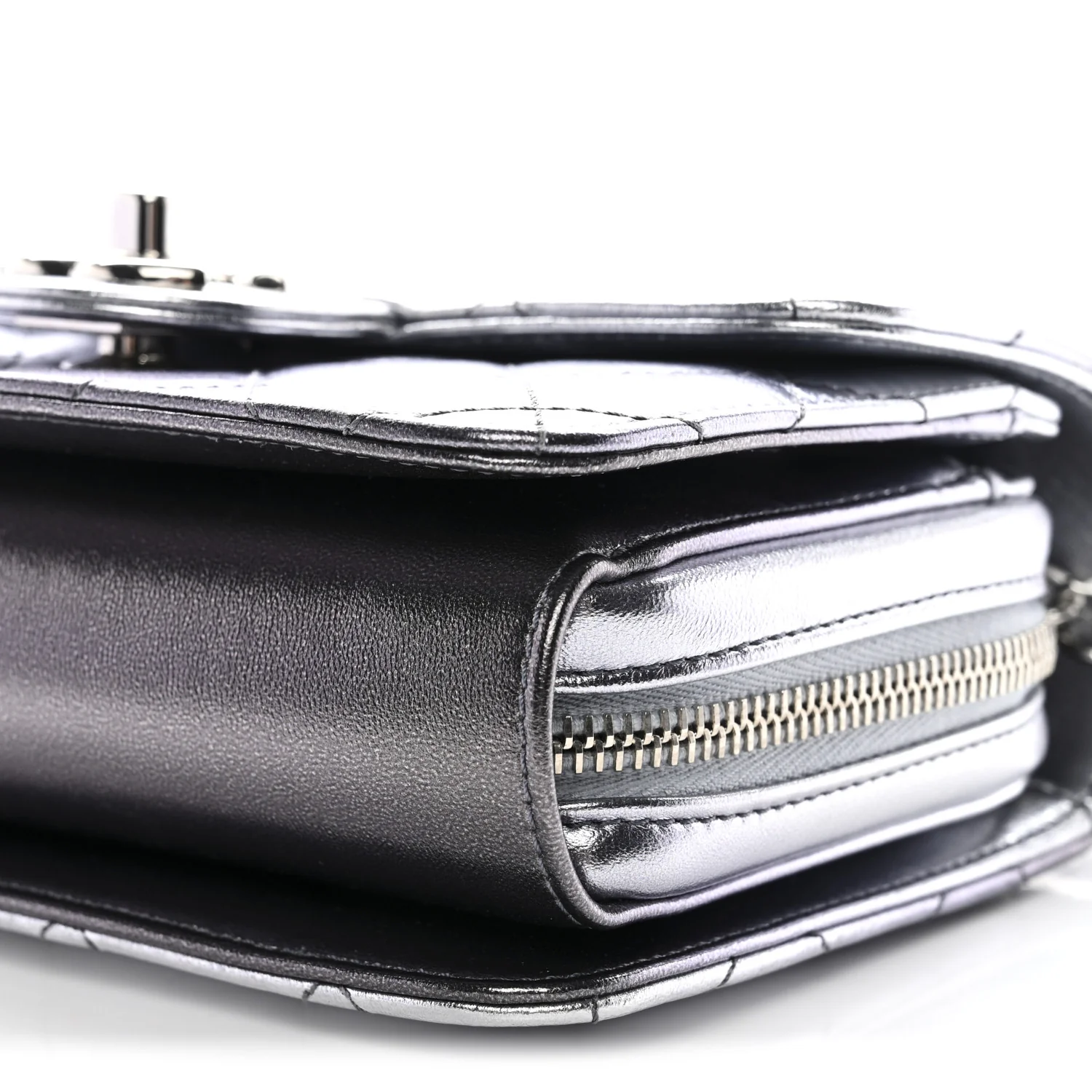 Metallic Lambskin Like A Wallet Flap Silvery Black - Top Club