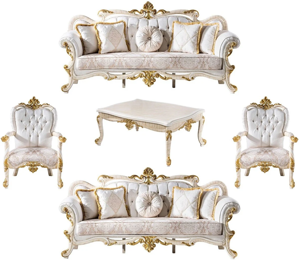 Luxury Baroque Living Room Set White / Brown / White / Beige / Gold - 2 Baroque Sofas & 2 Baroque Armchairs & 1 Baroque Coffee Table - Luxury Living Room Furniture in Baroque Style - Baroque Furniture