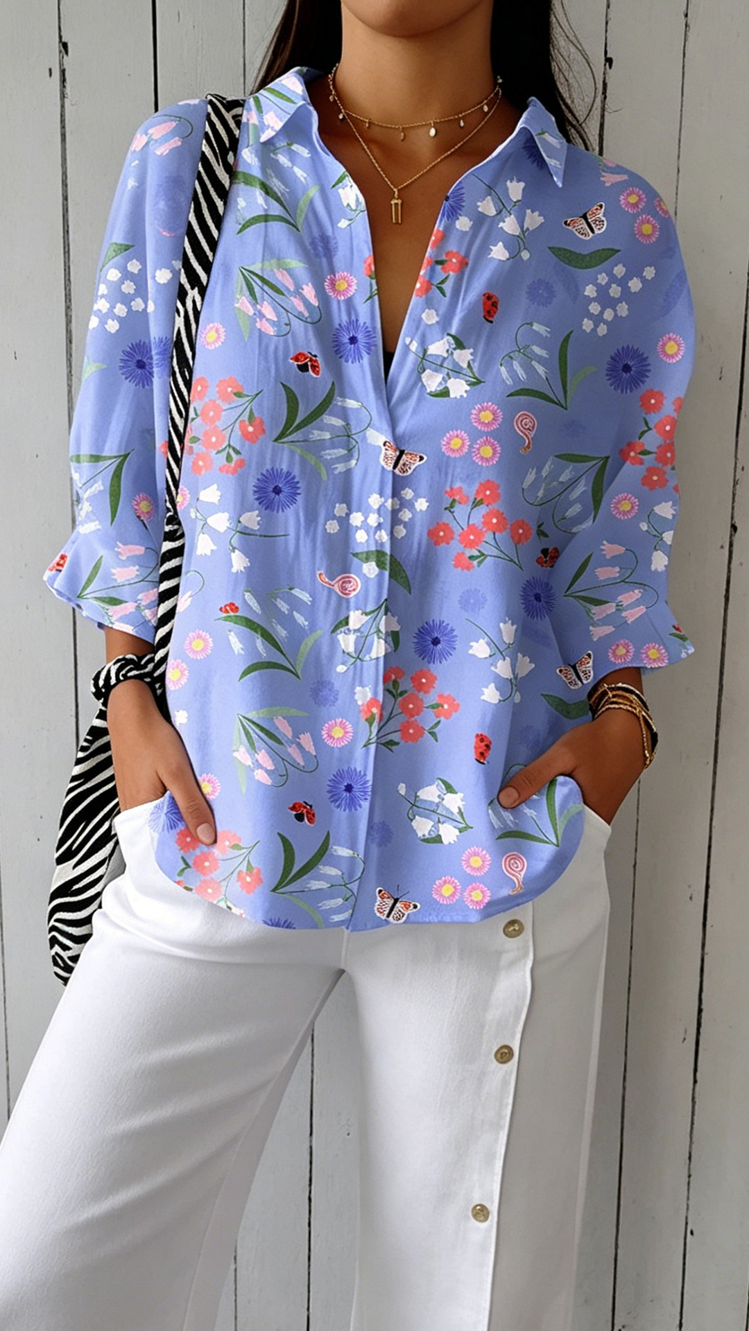 Women's Blue Floral Print Polyester Shirt - Nordfashionstorm - Women's Clothing, Fashion for You - Nordfashionstorm.com
